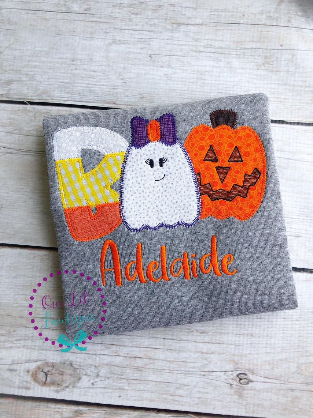 Personalized Halloween Shirt: Embroidered Ghost, Pumpkin, and Candy Corn Design