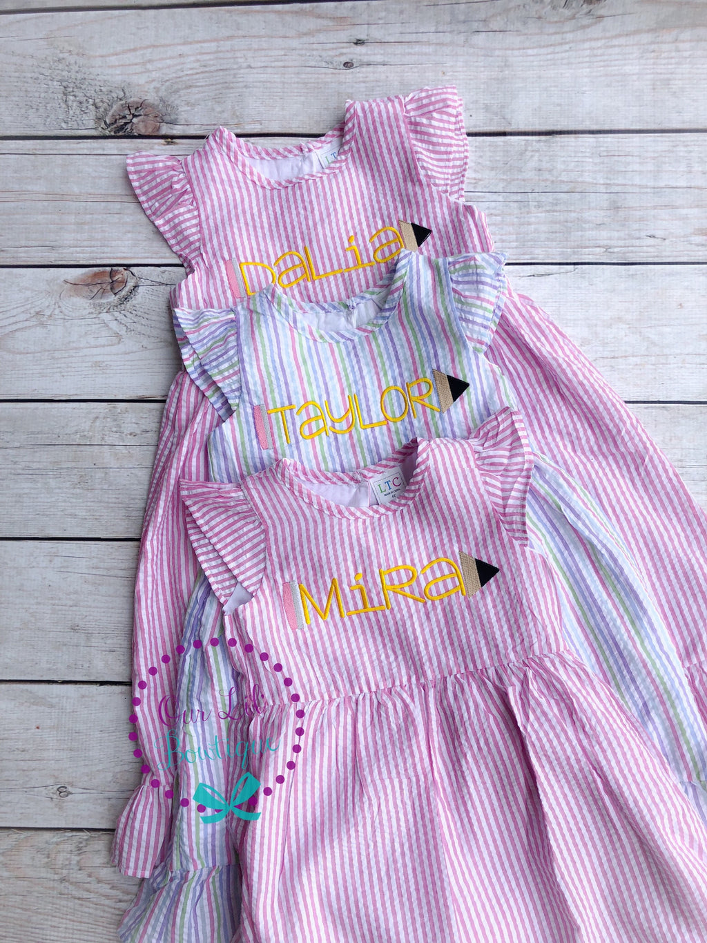 Personalized Seersucker School Dress: Embroidered Pencil Design