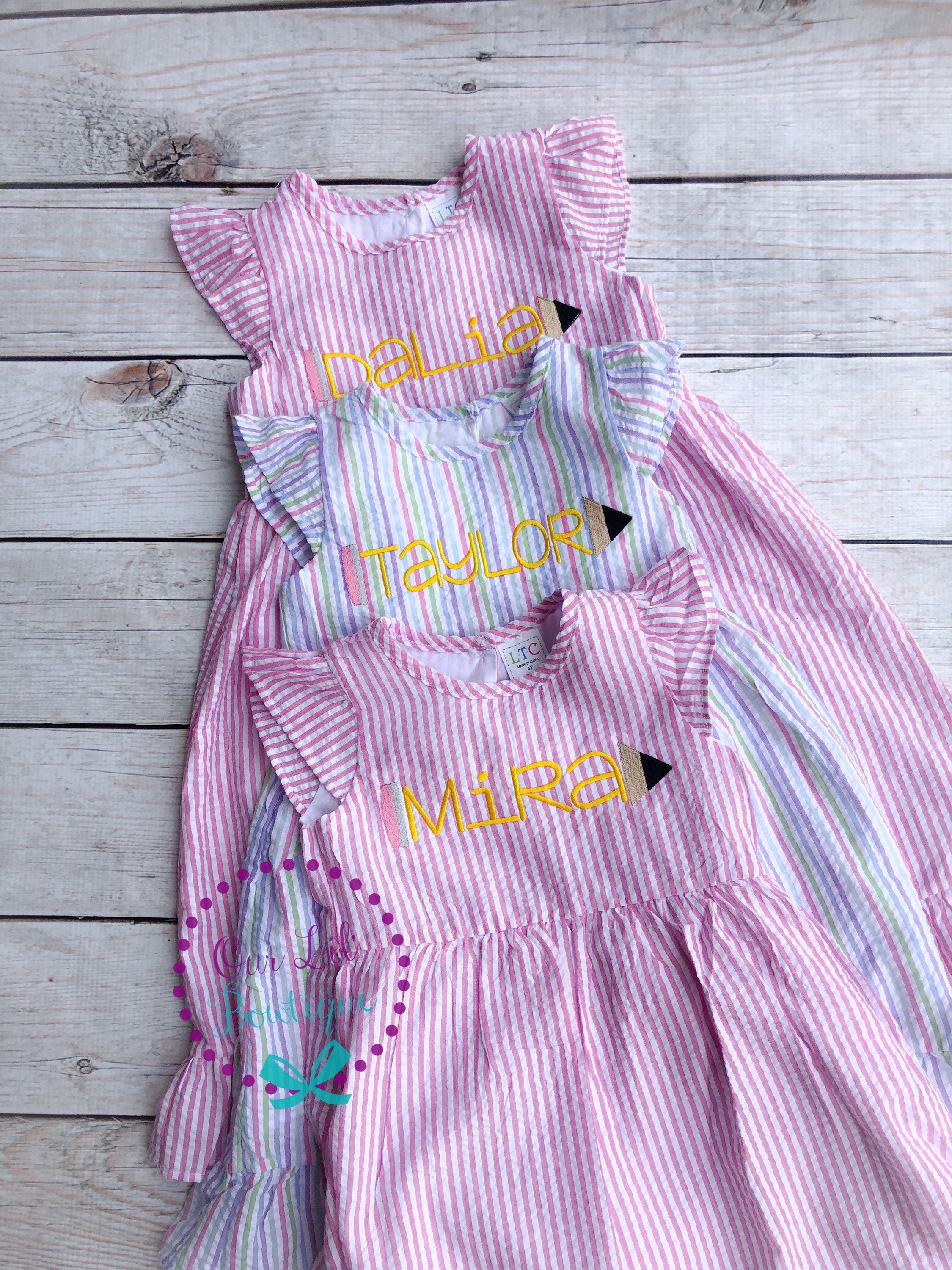 Personalized Seersucker School Dress: Embroidered Pencil Design