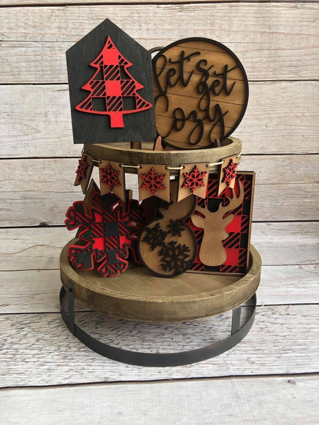 Christmas Tiered Tray Bundle - Plaid - Lets Get Cozy - Christmas Tree Tiered Tray - Finished Tiered Tray Set - Home Decor - Buffalo Plaid
