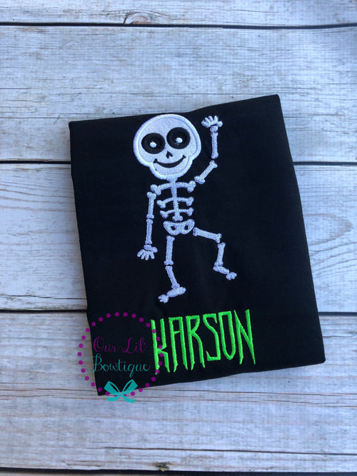 Boys Halloween Shirt: Skeleton Applique, Personalized Black Cotton