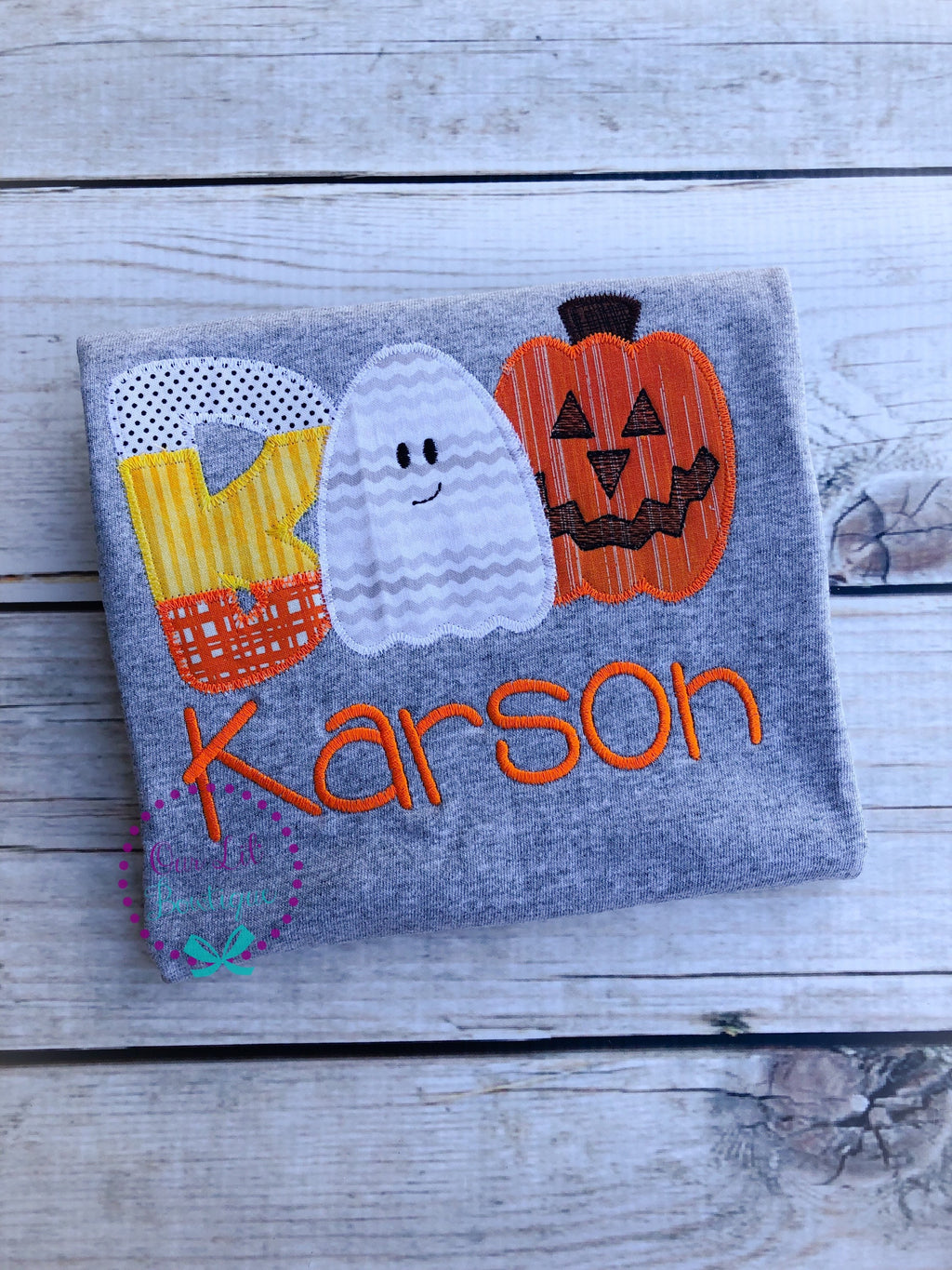 Personalized Halloween Shirt: Embroidered Ghost, Pumpkin, and Candy Corn Design