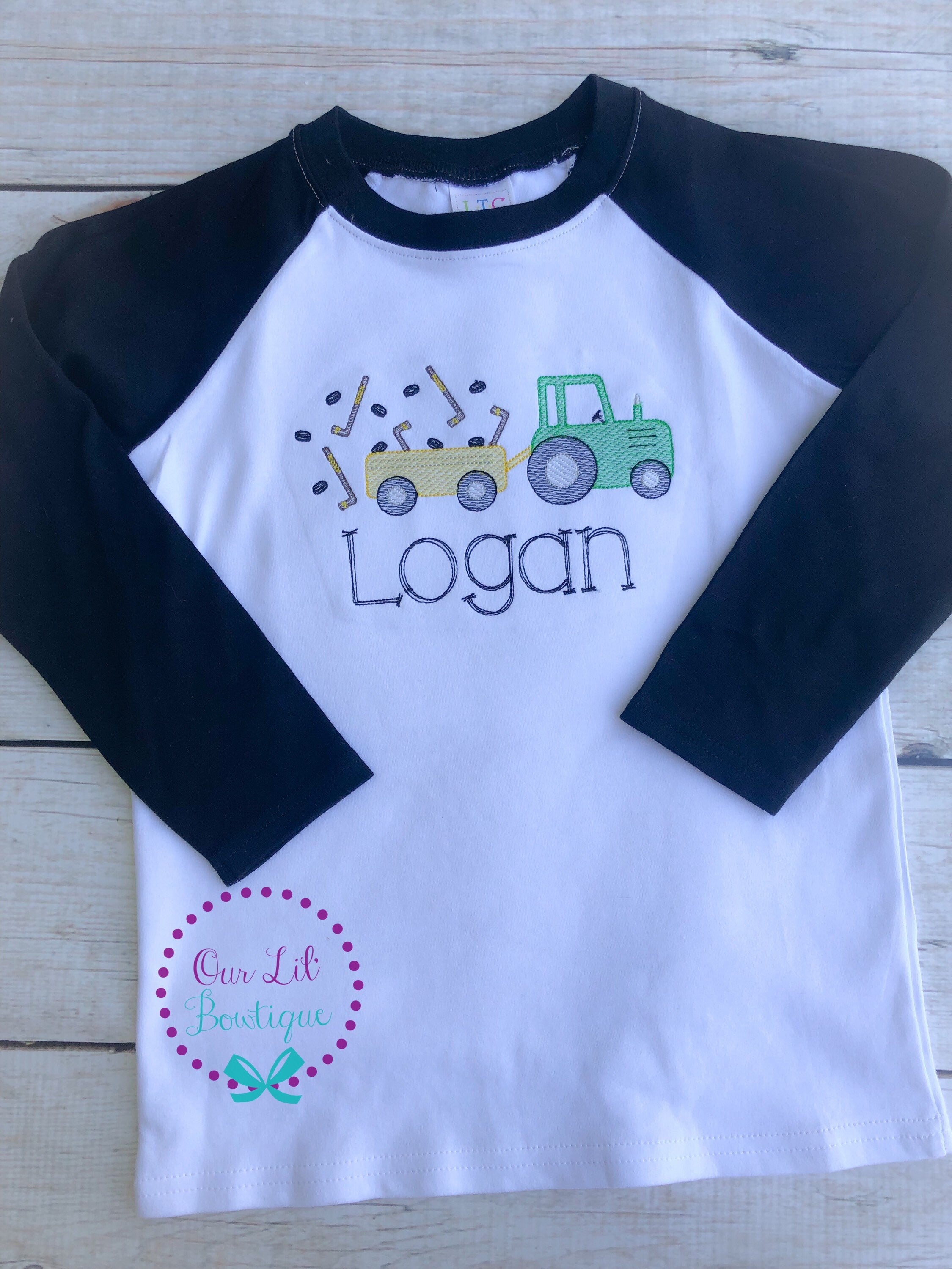 Embroidered Hockey Tractor Raglan Shirt - Personalized Boys Sports Tee