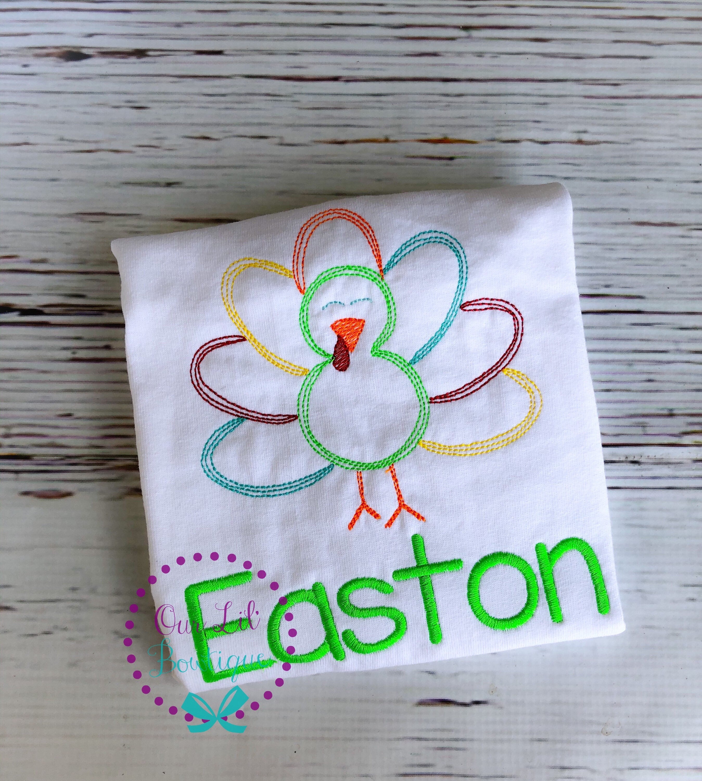 Girls Thanksgiving Shirt: Embroidered Turkey with Bow