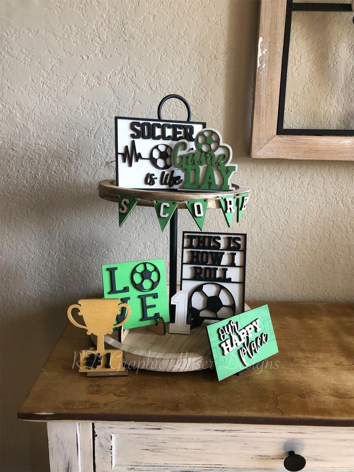 Soccer Tiered Tray Decor - Game Day - Love Soccer - Soccer is Life - Sports Themed Tiered Tray - Finished Tiered Tray Set - Home Decor