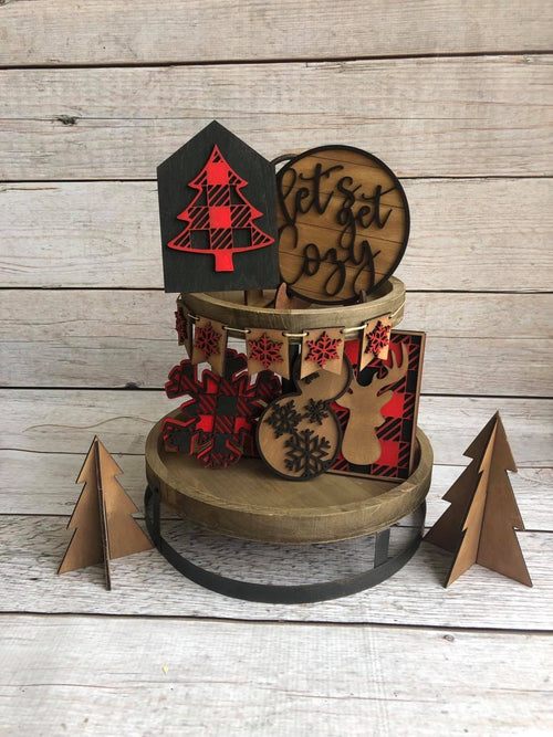 Christmas Tiered Tray Bundle - Plaid - Lets Get Cozy - Christmas Tree Tiered Tray - Finished Tiered Tray Set - Home Decor - Buffalo Plaid
