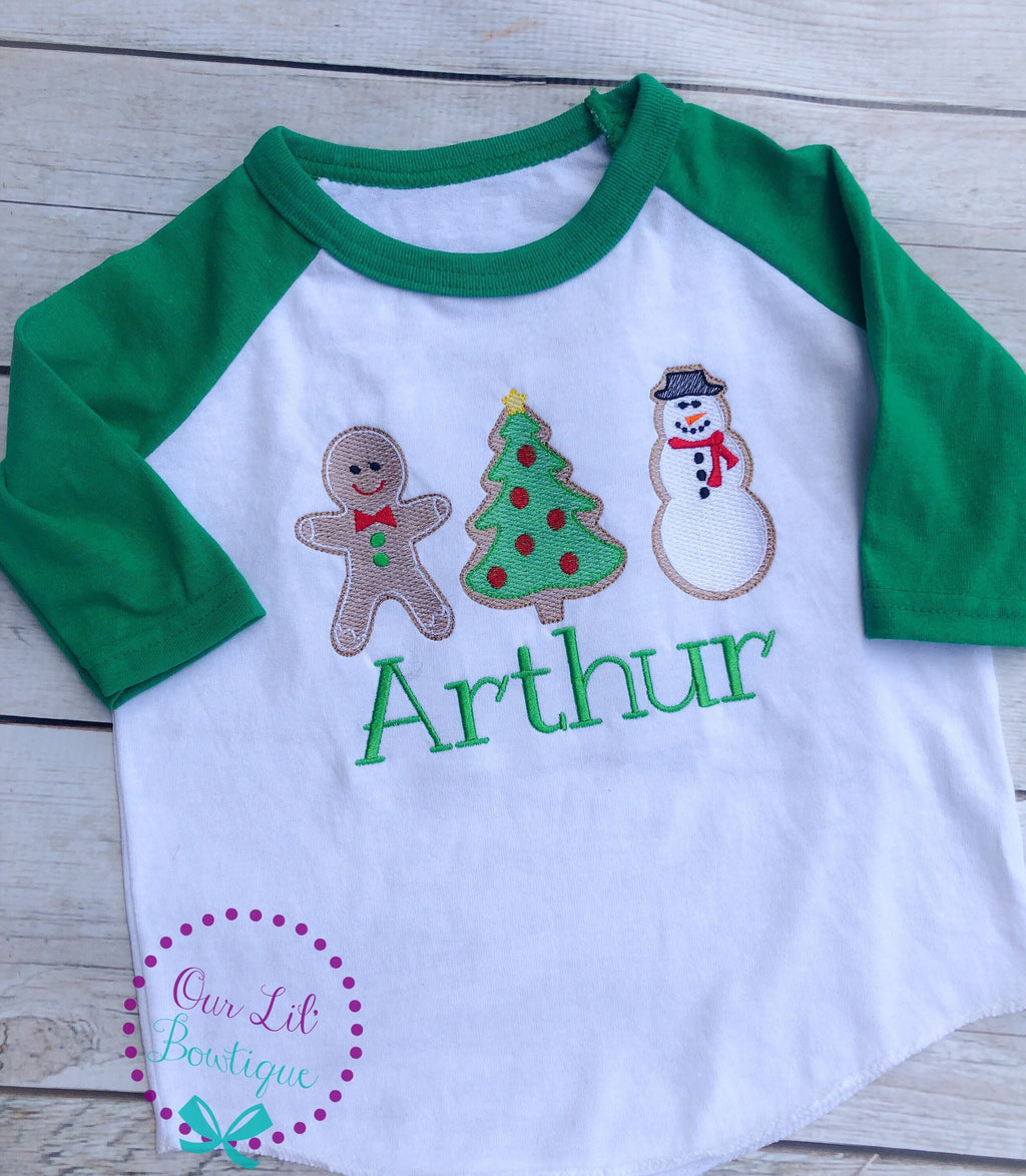 Christmas Cookies Shirt: Embroidered Gingerbread, Snowman, Tree
