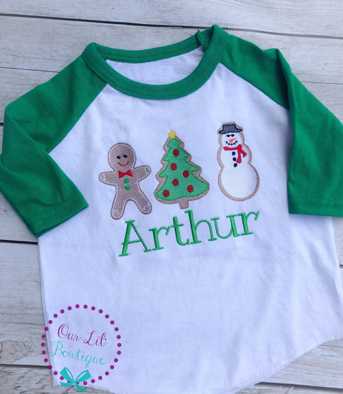 Christmas Cookies Shirt: Embroidered Gingerbread, Snowman, Tree