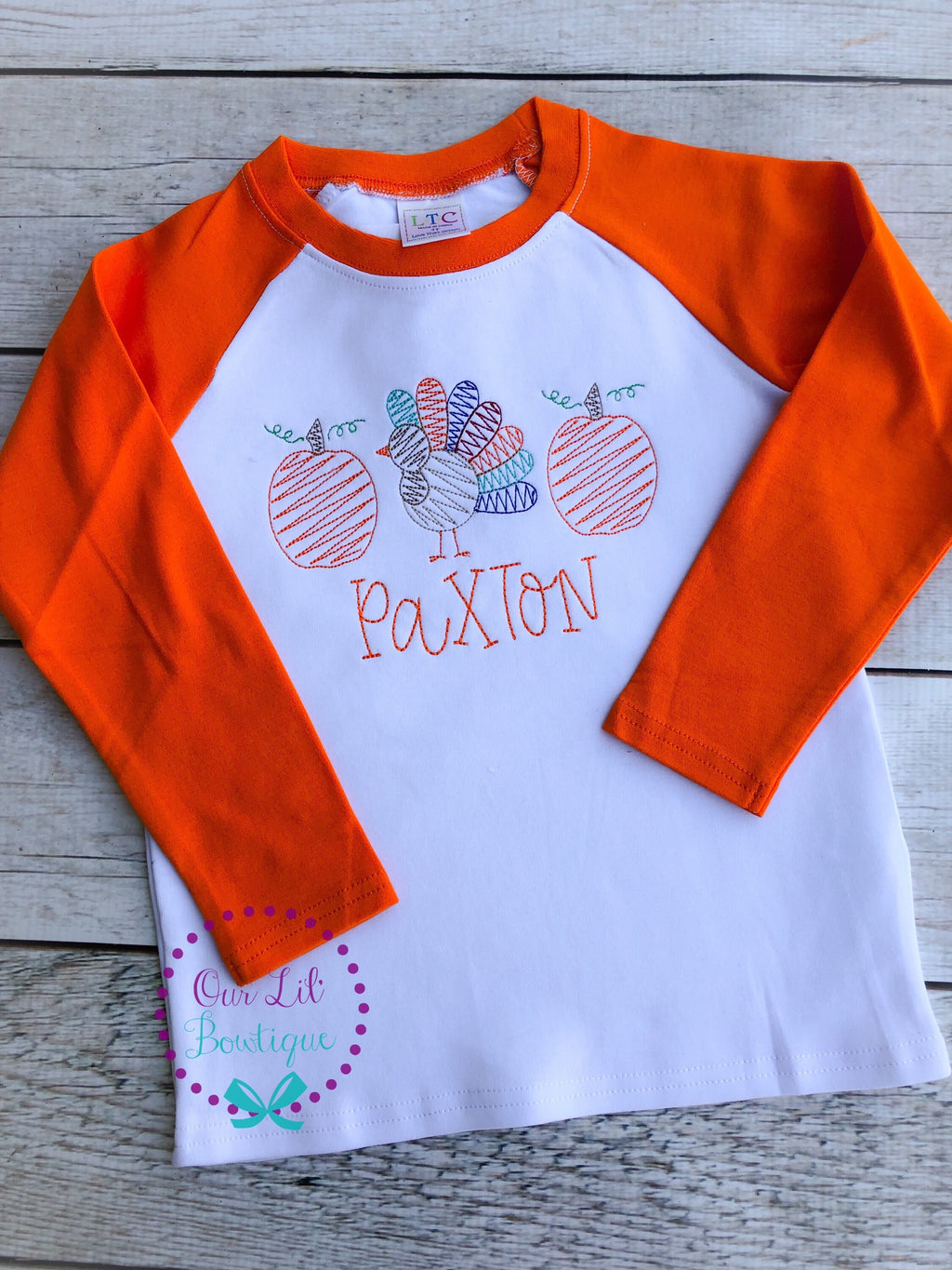 Personalized Thanksgiving Turkey Shirt: Embroidered Raglan Tee