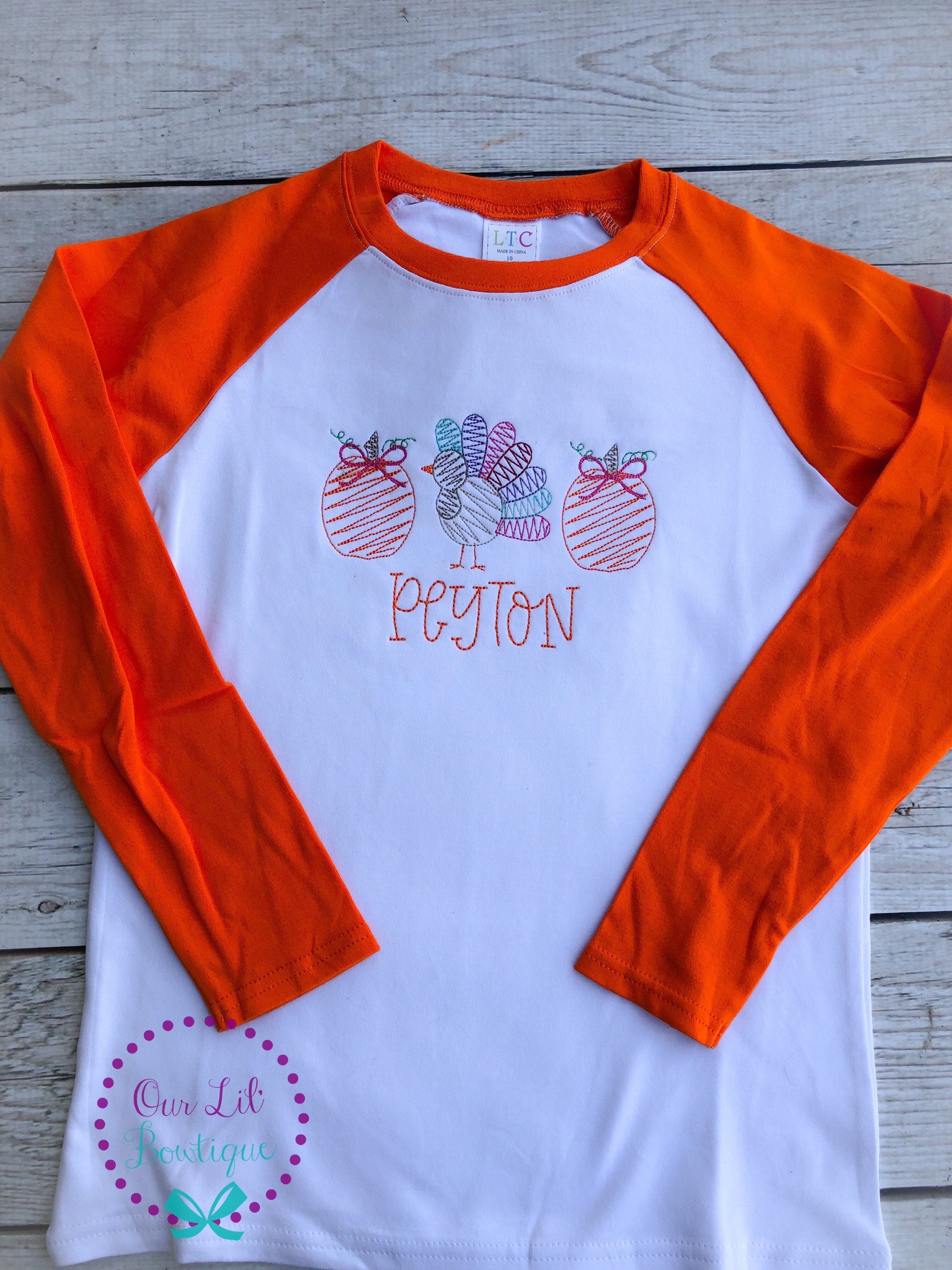 Personalized Thanksgiving Turkey Shirt: Embroidered Raglan Tee