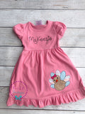 Girls Thanksgiving Turkey Applique Dress: Pink Holiday Outfit