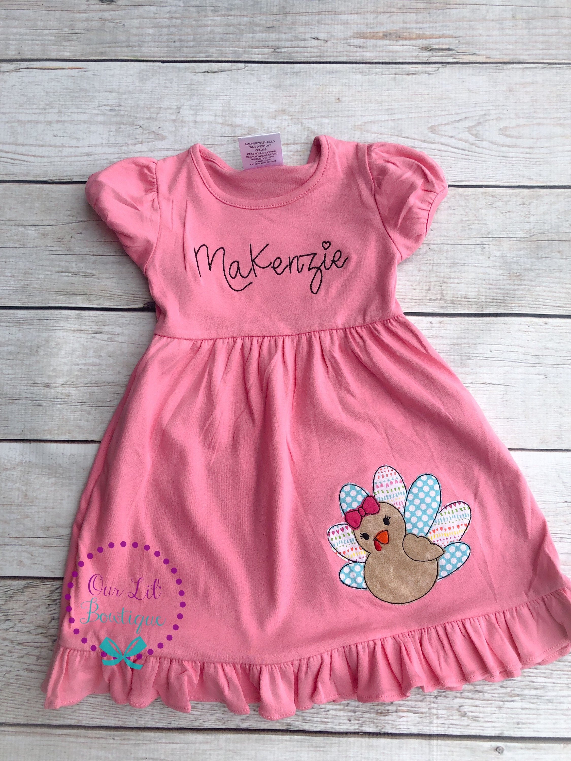 Girls Thanksgiving Turkey Applique Dress: Pink Holiday Outfit