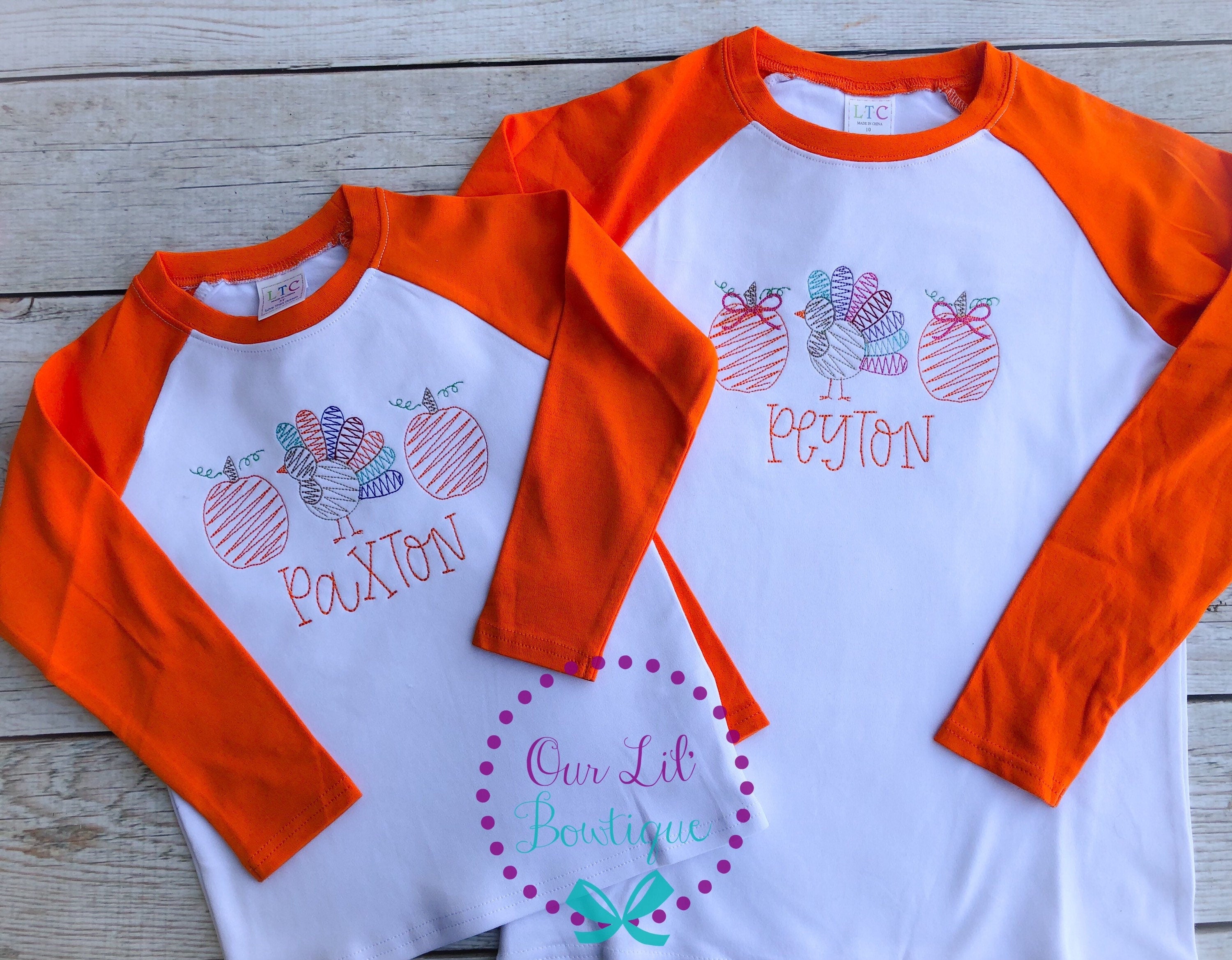 Personalized Thanksgiving Turkey Shirt: Embroidered Raglan Tee