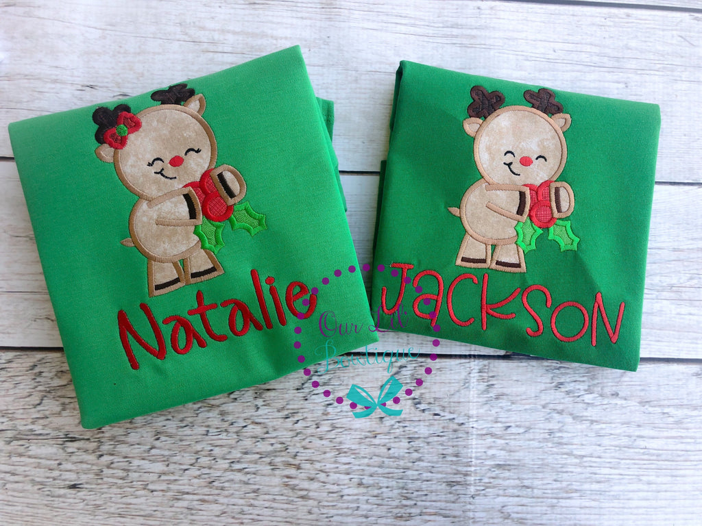 Reindeer Applique Christmas Shirt - Personalized Kids Holiday Tee