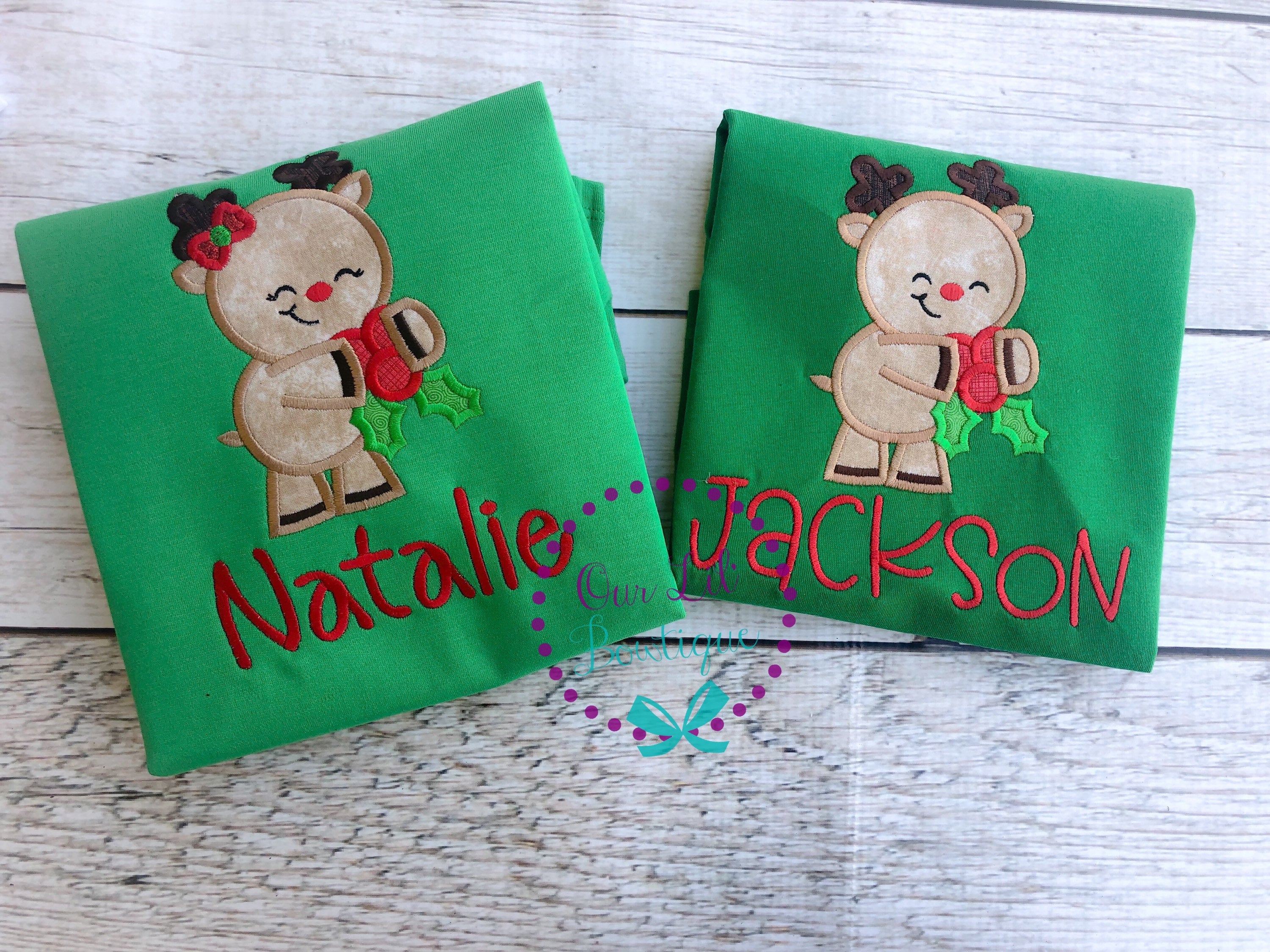 Reindeer Applique Christmas Shirt - Personalized Kids Holiday Tee