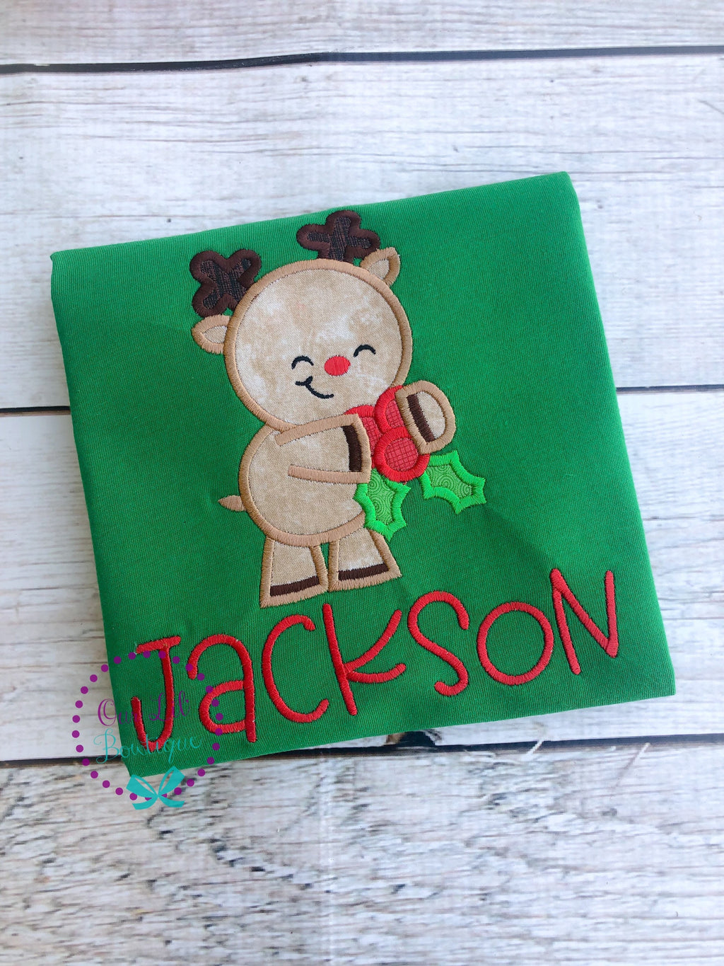 Reindeer Applique Christmas Shirt - Personalized Kids Holiday Tee