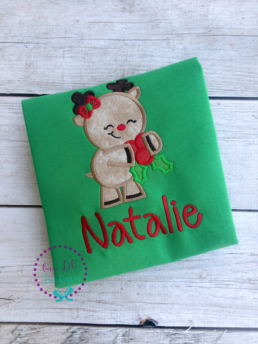 Reindeer Applique Christmas Shirt - Personalized Kids Holiday Tee