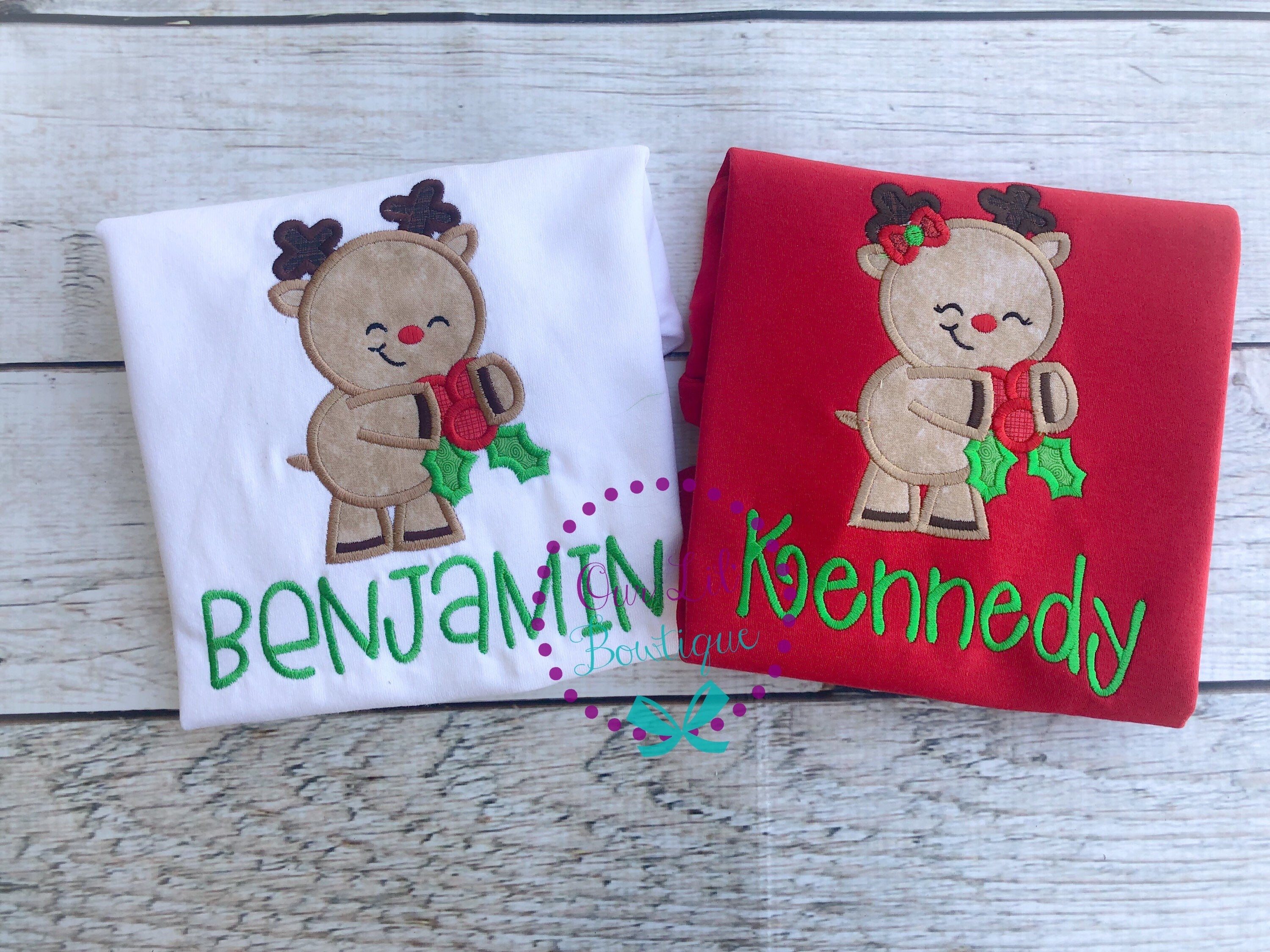 Reindeer Applique Christmas Shirt - Personalized Kids Holiday Tee