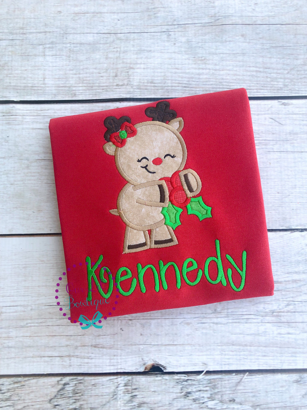 Reindeer Applique Christmas Shirt - Personalized Kids Holiday Tee