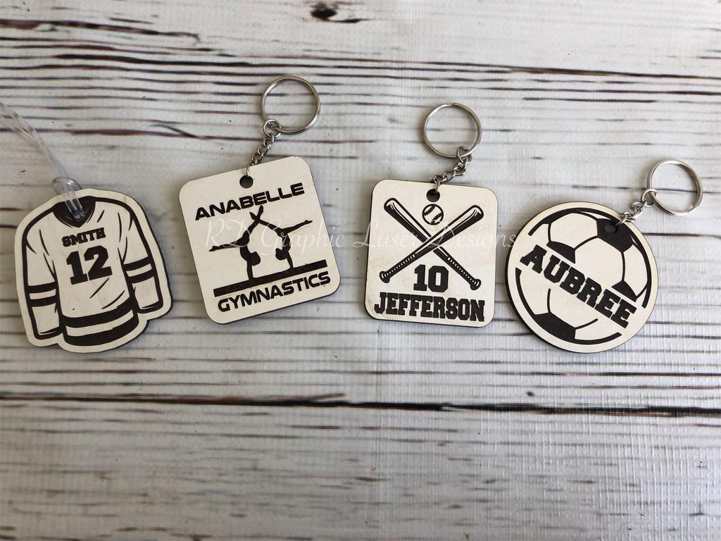Personalized Sports Keychains - Wood Keychains - Sports Keychain - Laser Engraved - Kids Keychain - Gymnastics - Soccer - Baseball - Hockey