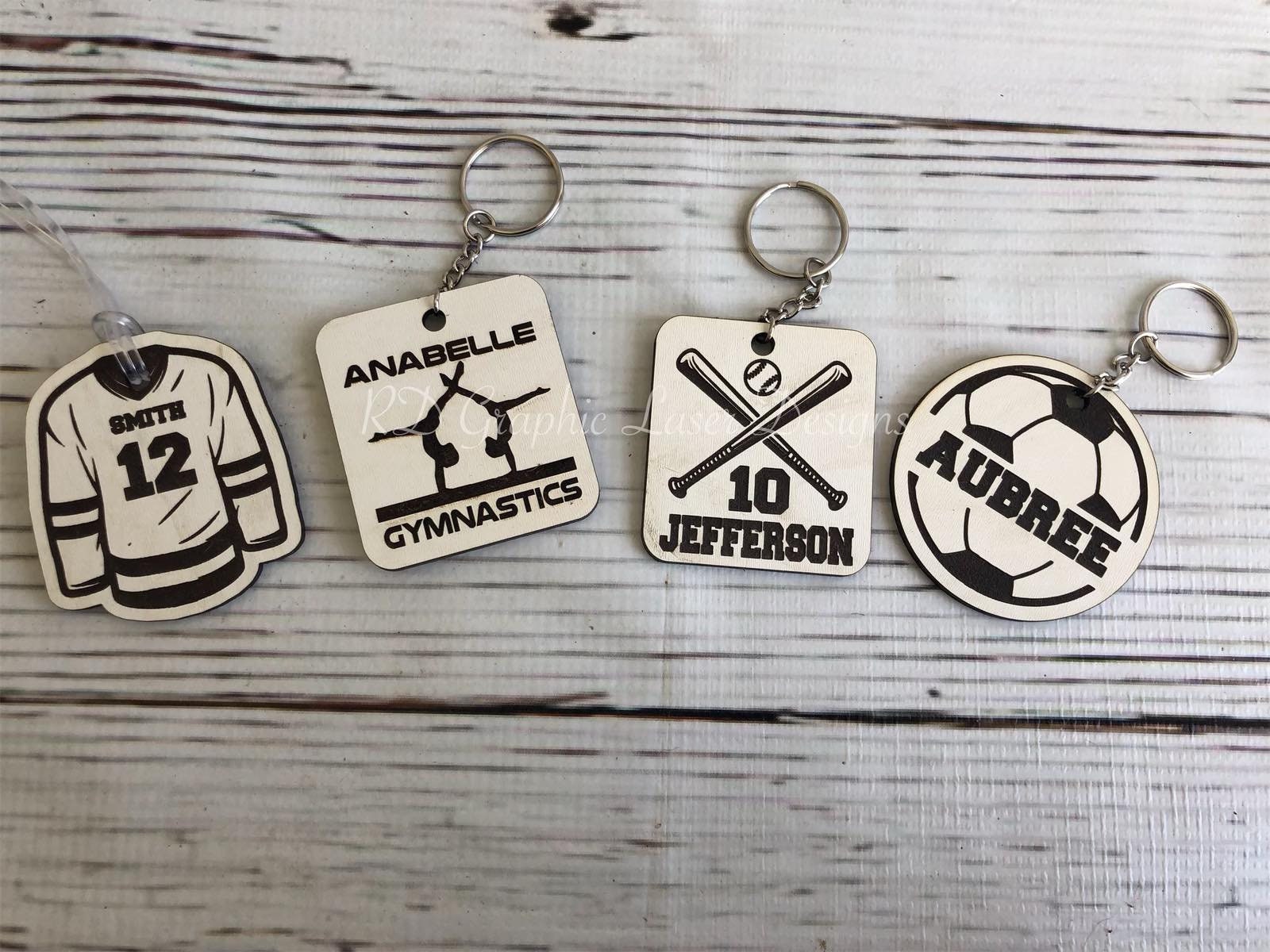 Personalized Sports Keychains - Wood Keychains - Sports Keychain - Laser Engraved - Kids Keychain - Gymnastics - Soccer - Baseball - Hockey