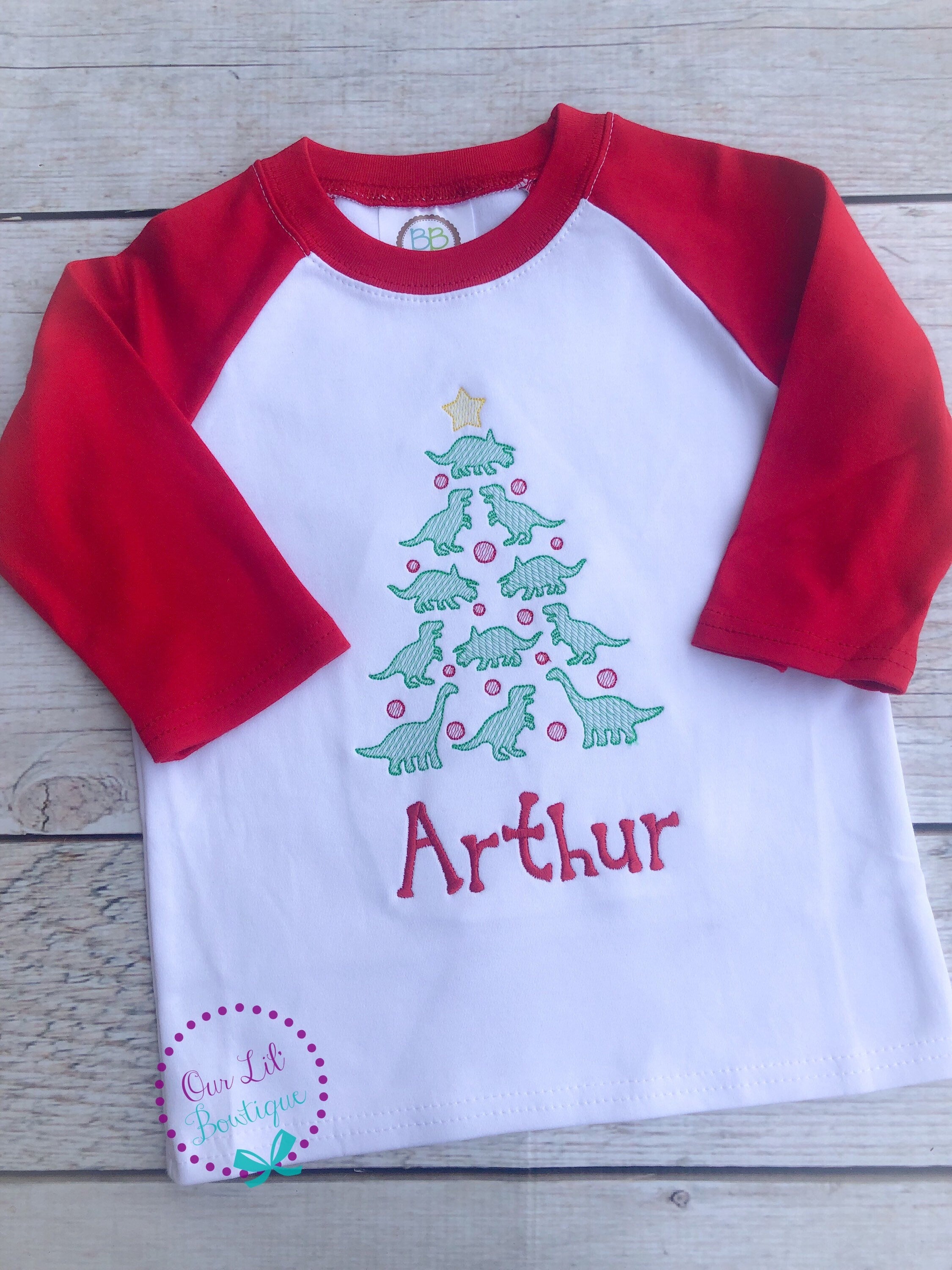 Personalized Christmas Dinosaur Shirt: Embroidered Tree, Boy's Holiday Tee