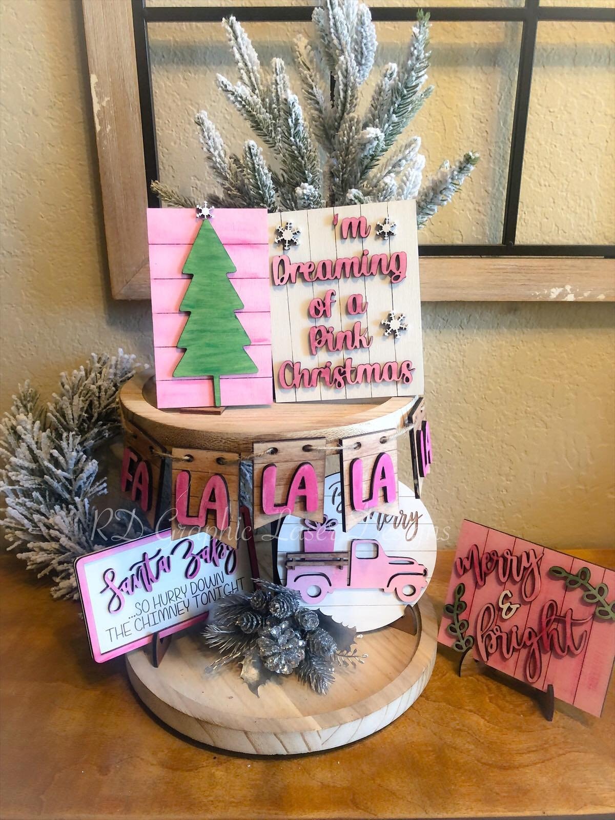 Christmas Tiered Tray Decor - Pink Christmas - Christmas Tree Tiered Tray - Finished Tiered Tray Set - Home Decor - Pink Christmas Decor