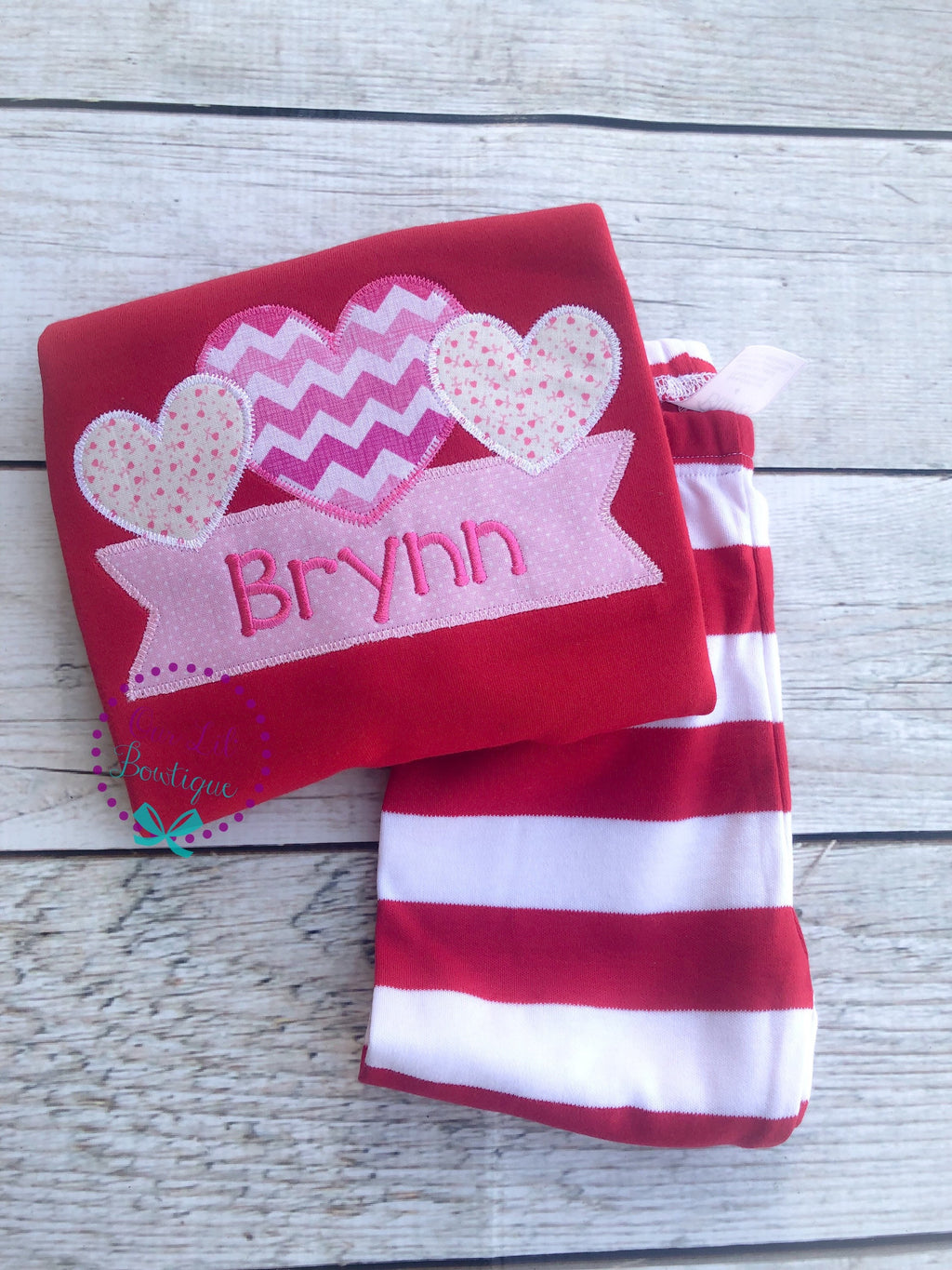 Personalized Valentine Pajamas: Heart Applique, Red & White Stripe