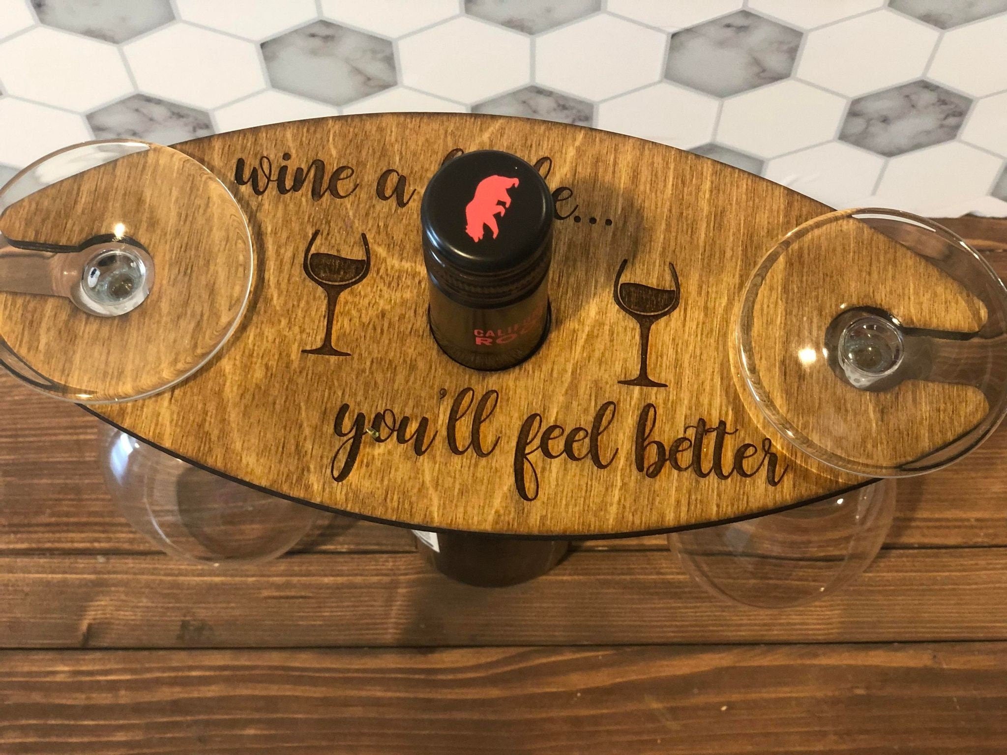 Wine Caddy -Wing Glass Holder - Personalized Wine Caddy - Wood Wine Glass Holder - Housewarming-Hostess - Wedding - Birthday - Shower Gift