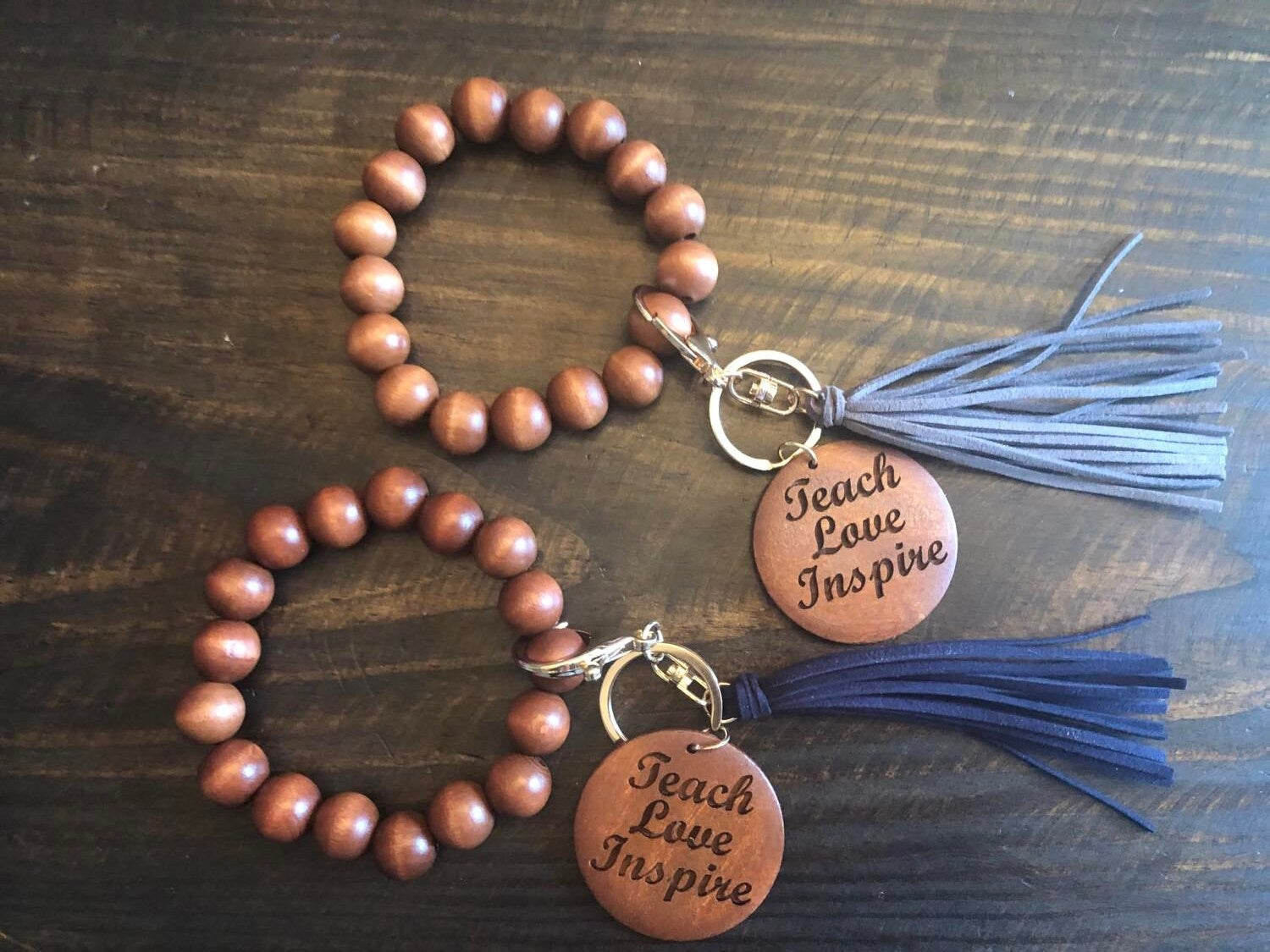 Teach Love Inspire - Monogram Keychain Bracelet - Wood Beaded Keychain Bracelet - Personalized Keychain Bracelet - Teacher Appreciation Gift