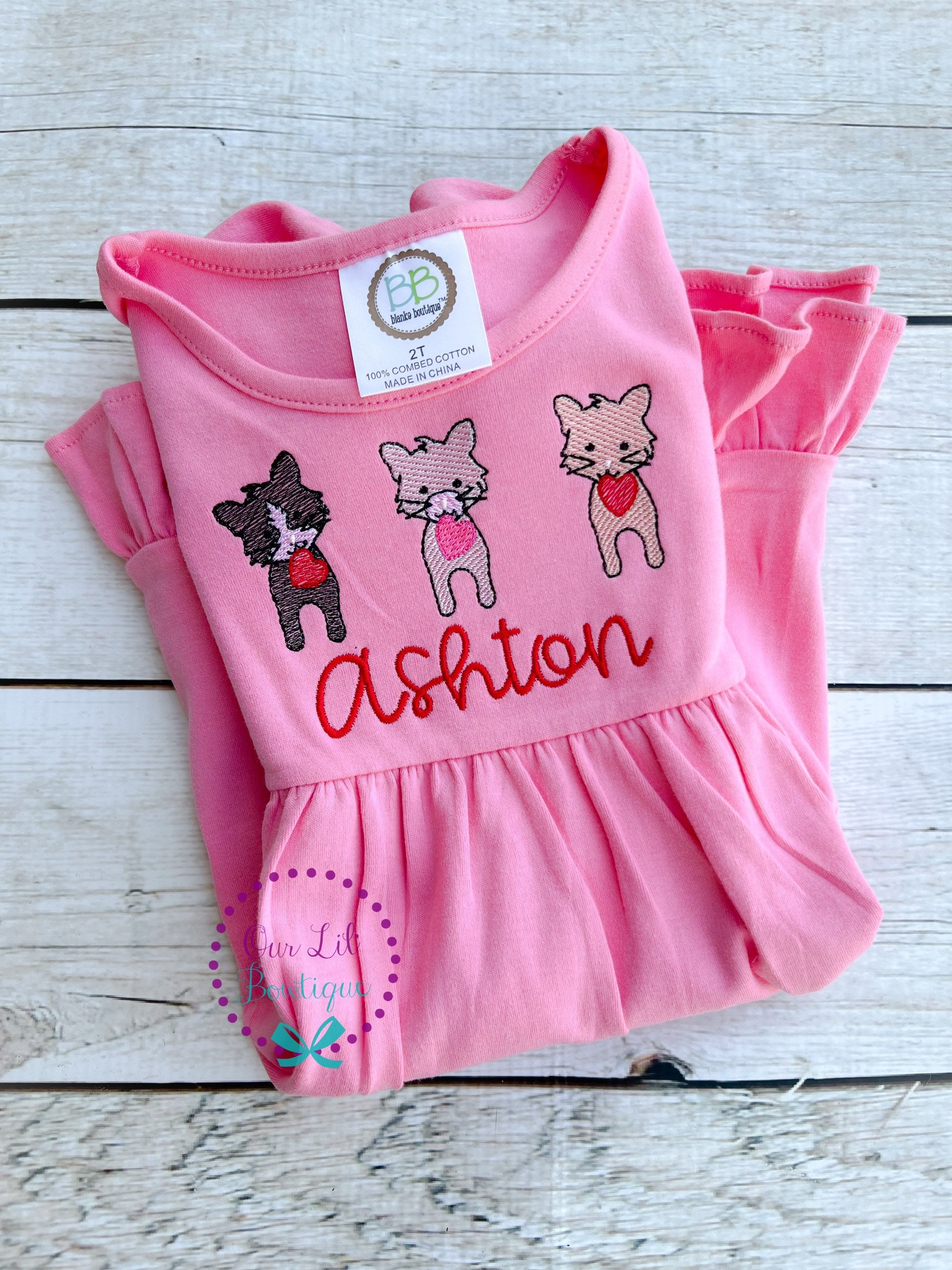 Girls Valentine Cat Embroidered Shirt - Personalized Kitten Tee