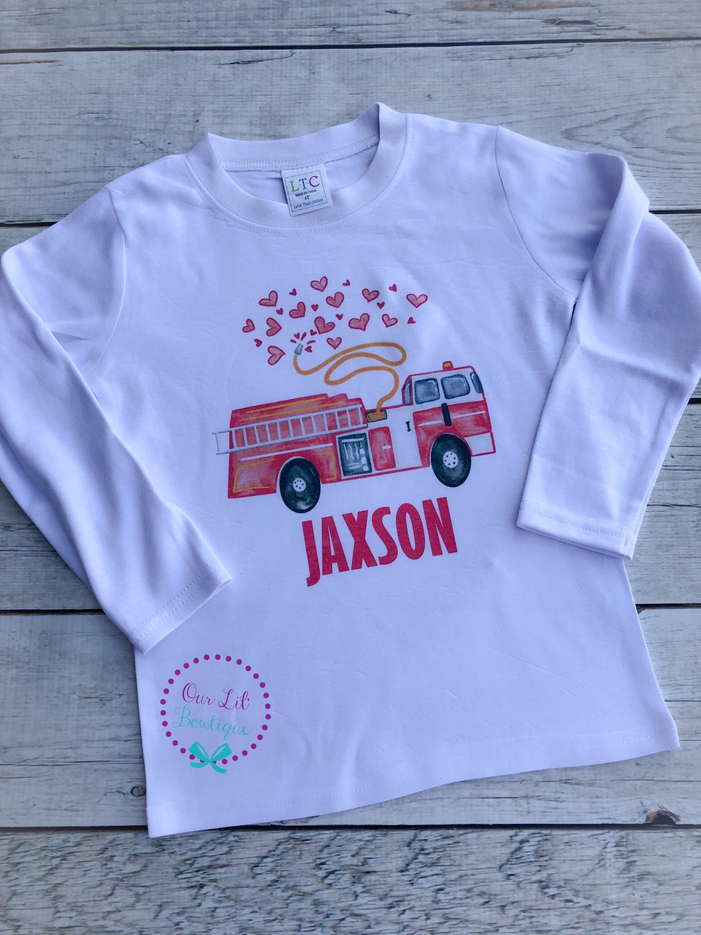 Valentine Firetruck Shirt: Personalized Boy's Raglan Tee