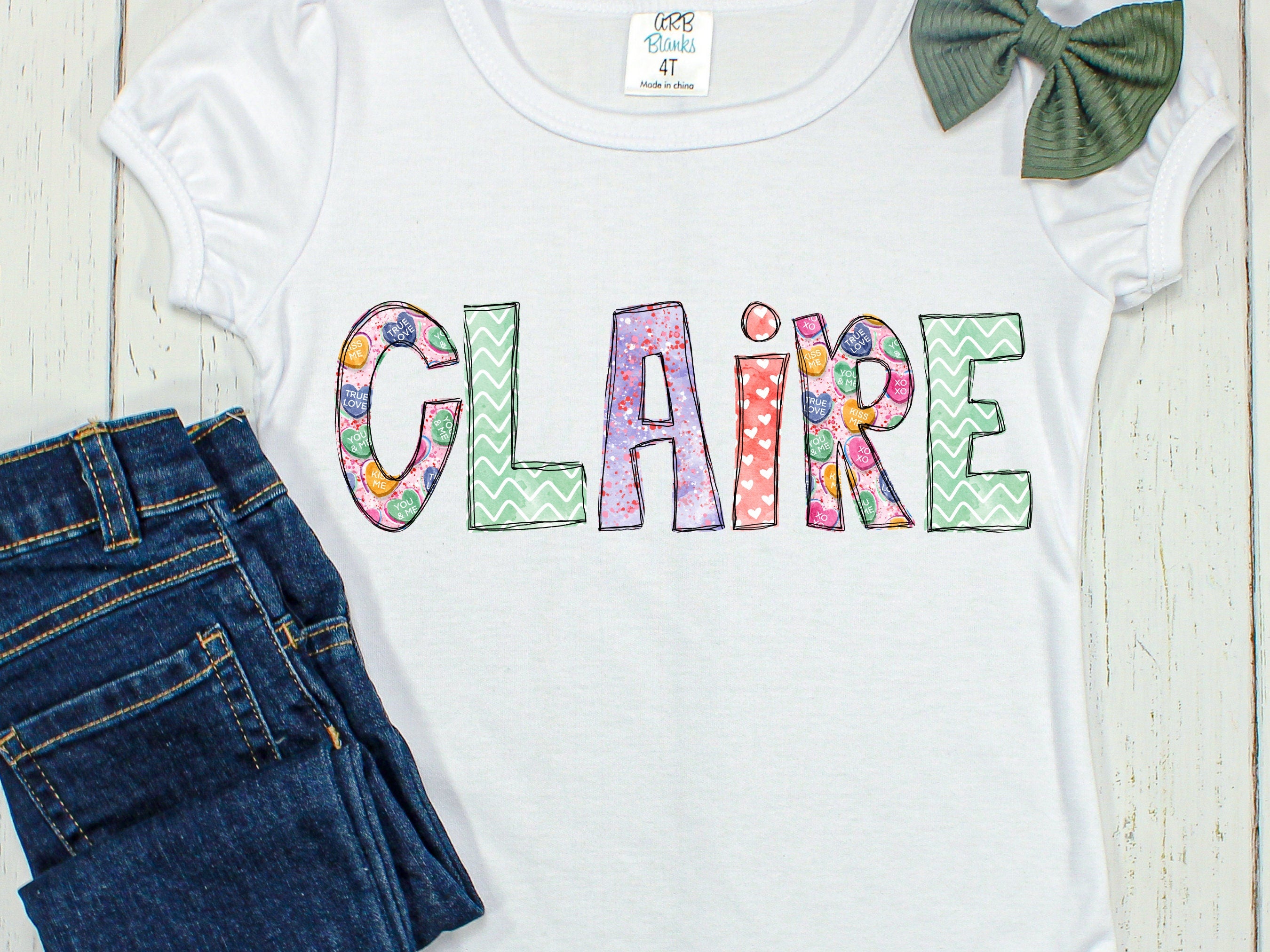 Personalized Valentine Name Shirt: Girls Heart Tee