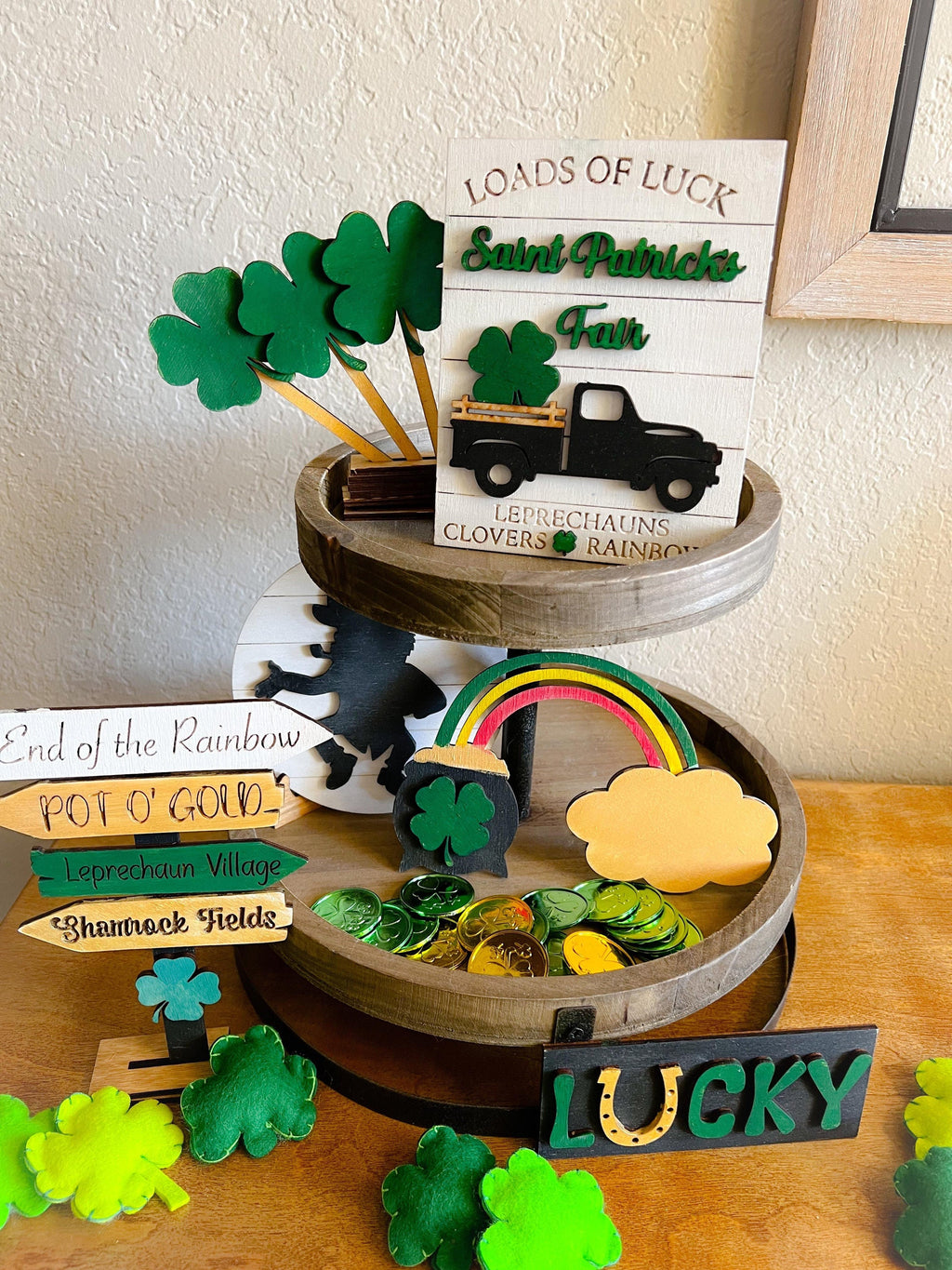 St. Patrick's Day Tiered Tray Set - Shamrock - Irish - Loads of Luck - Farmhouse St. Patrick's Day Tray Set -Lucky - Shamrock Tier Tray