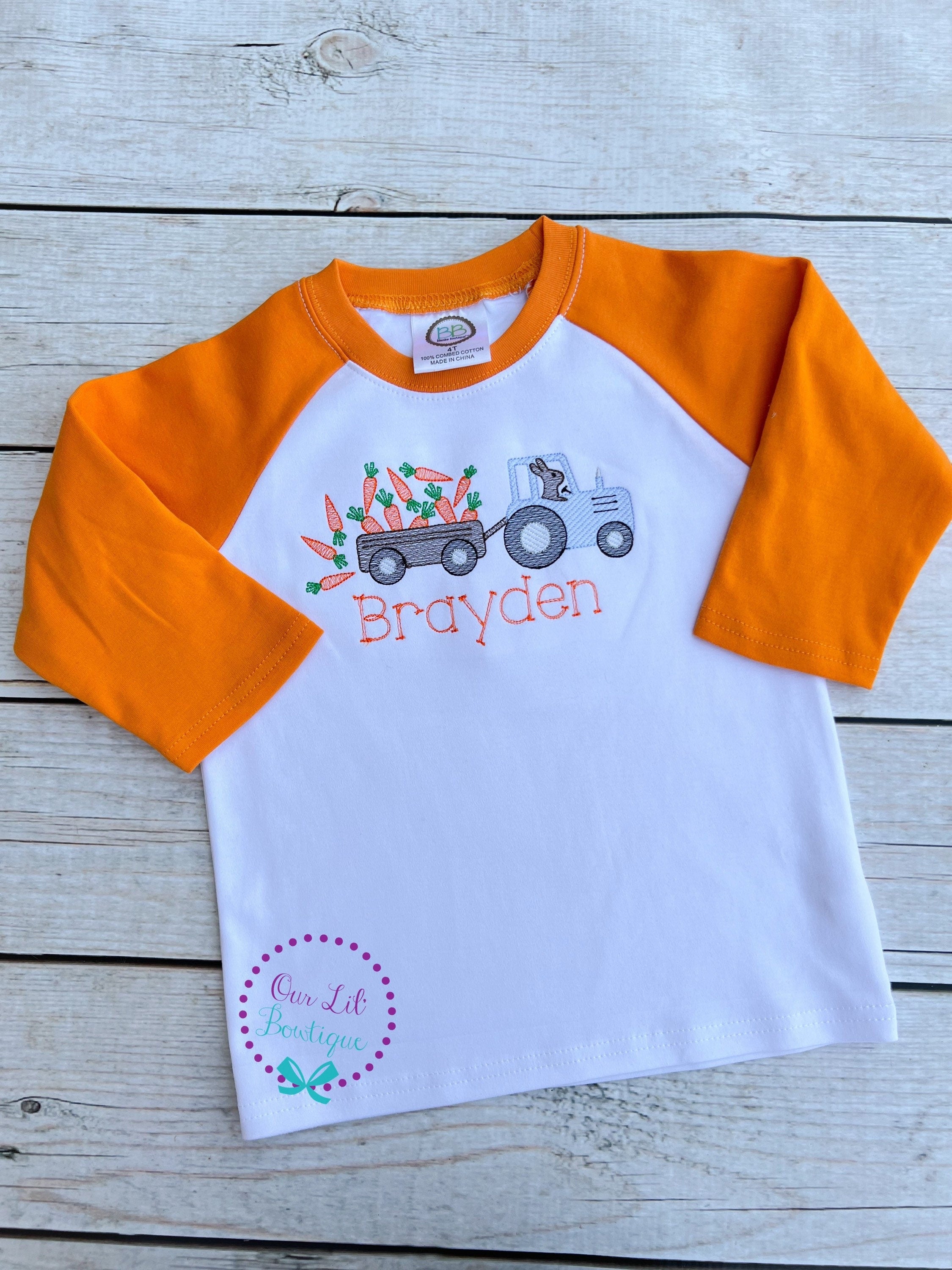 Embroidered Easter Tractor Shirt: Boys Bunny Carrots, Personalized