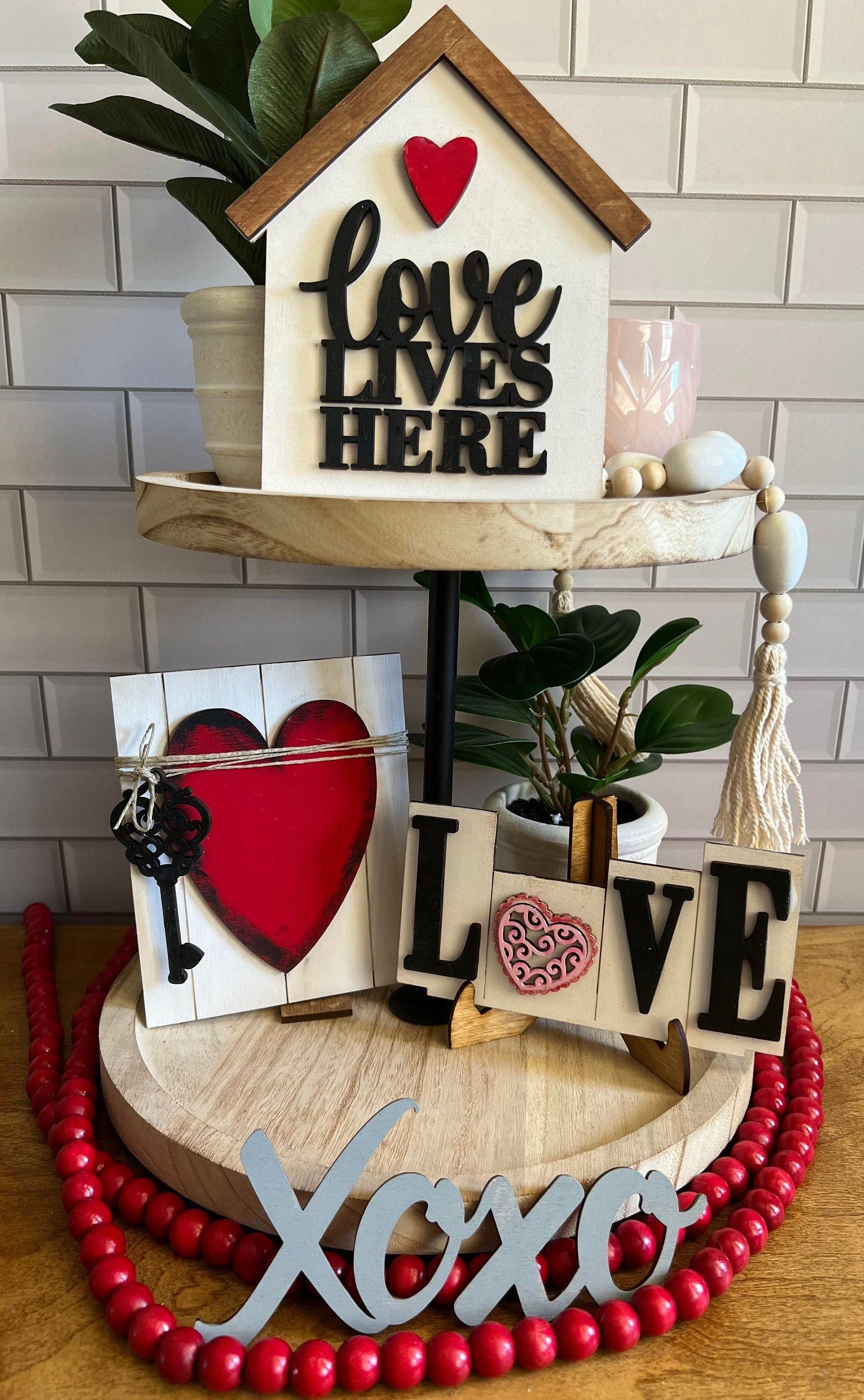 Valentine Tiered Tray Bundle - Hearts - Valentine - Key- XOXO - Farmhouse Valentine's Day Tray Set - Hearts - Love Lives Here - LOVE
