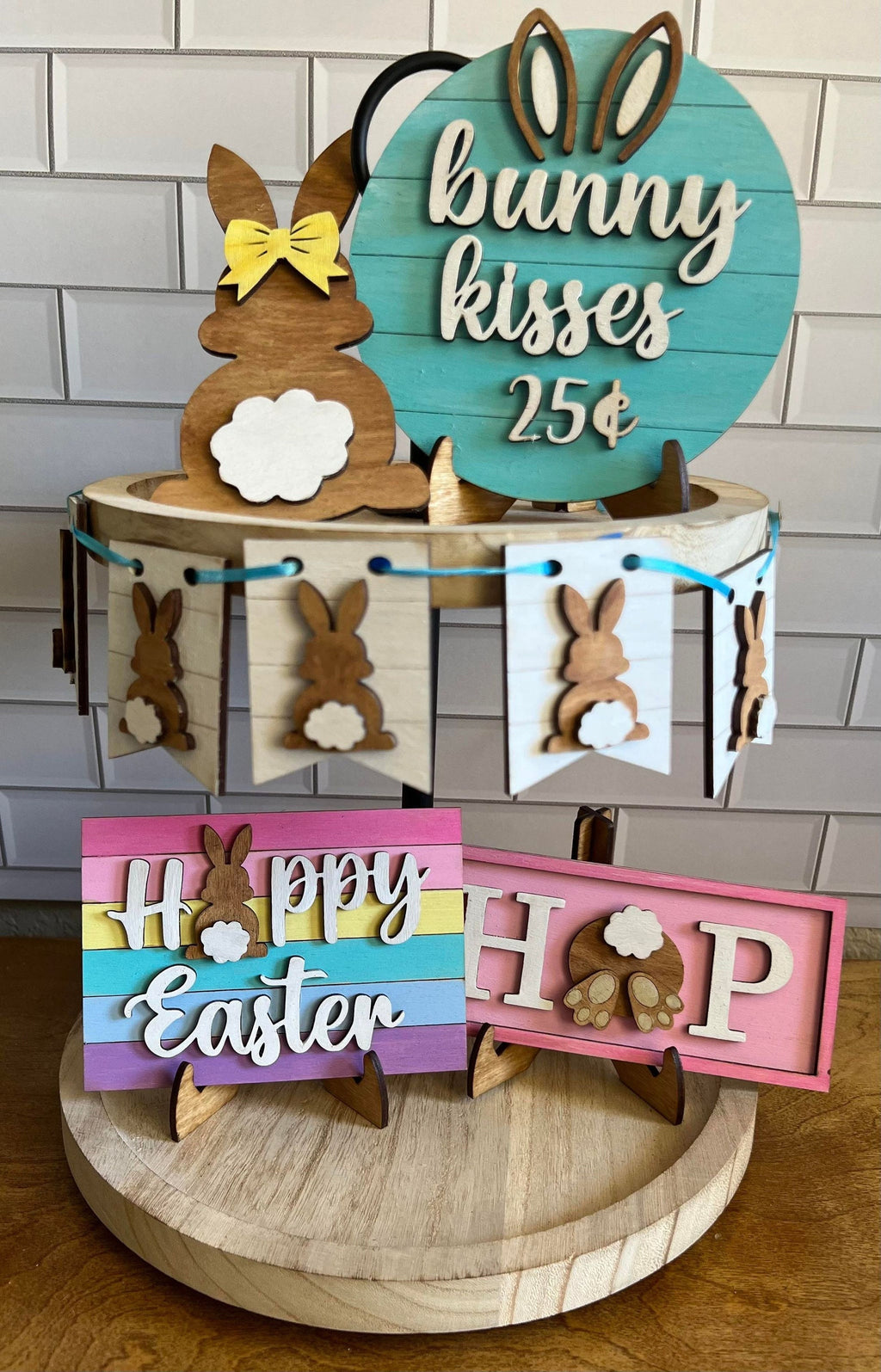 Easter Tiered Tray Decor - Happy Easter - Bunny Kisses - Farmhouse Easter Tiered Tray Set - Easter Themed Tiered Tray - Easter Mini 3D Sign