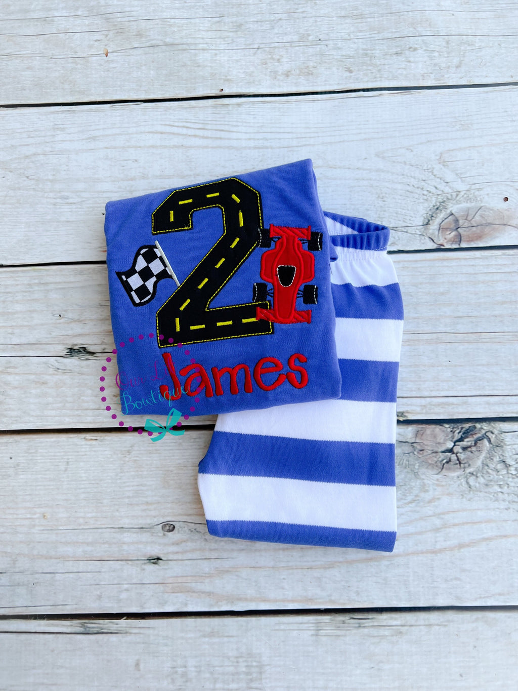 Race Car Birthday Pajamas: Applique Personalized Kids PJs