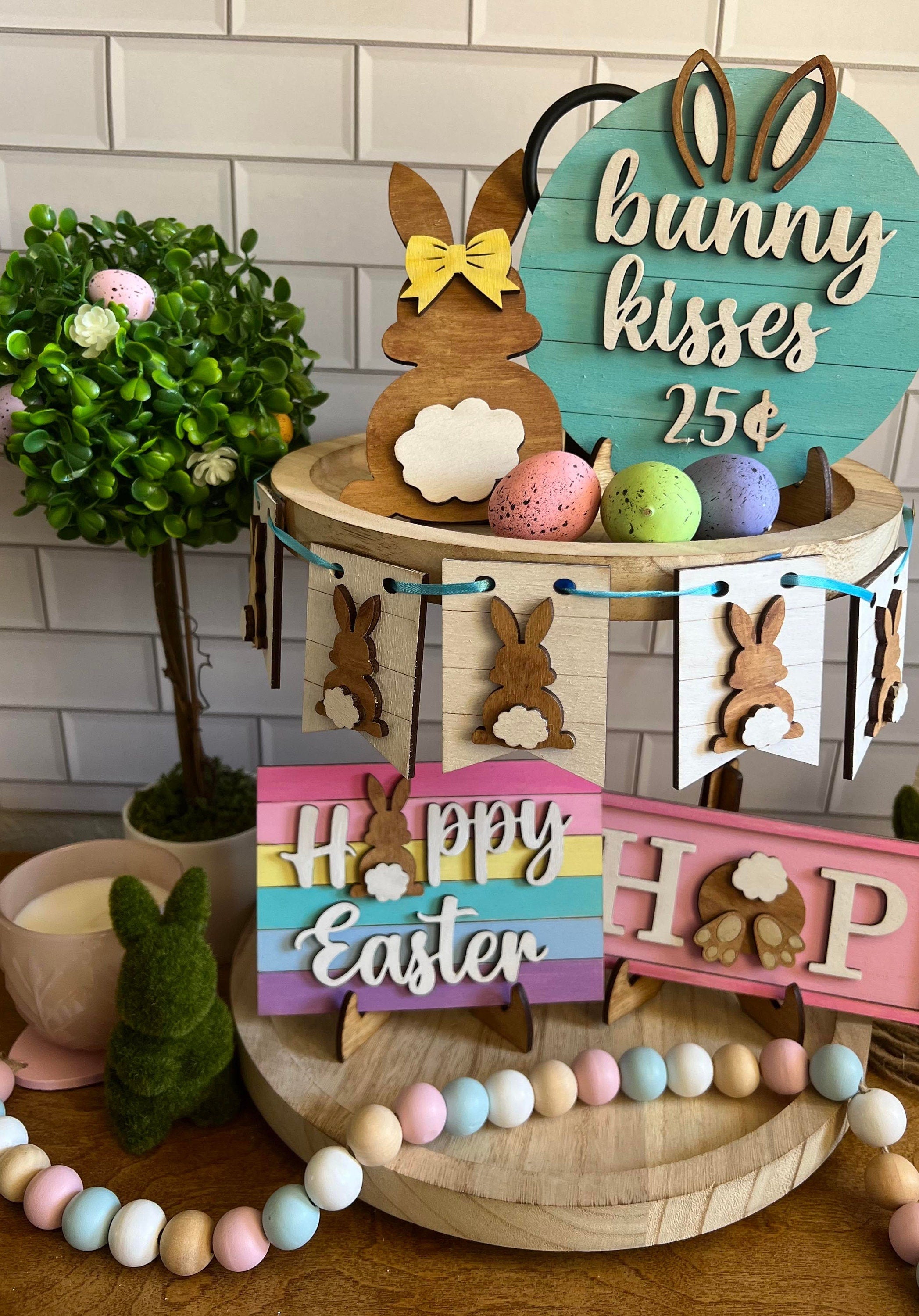 Easter Tiered Tray Decor - Happy Easter - Bunny Kisses - Farmhouse Easter Tiered Tray Set - Easter Themed Tiered Tray - Easter Mini 3D Sign