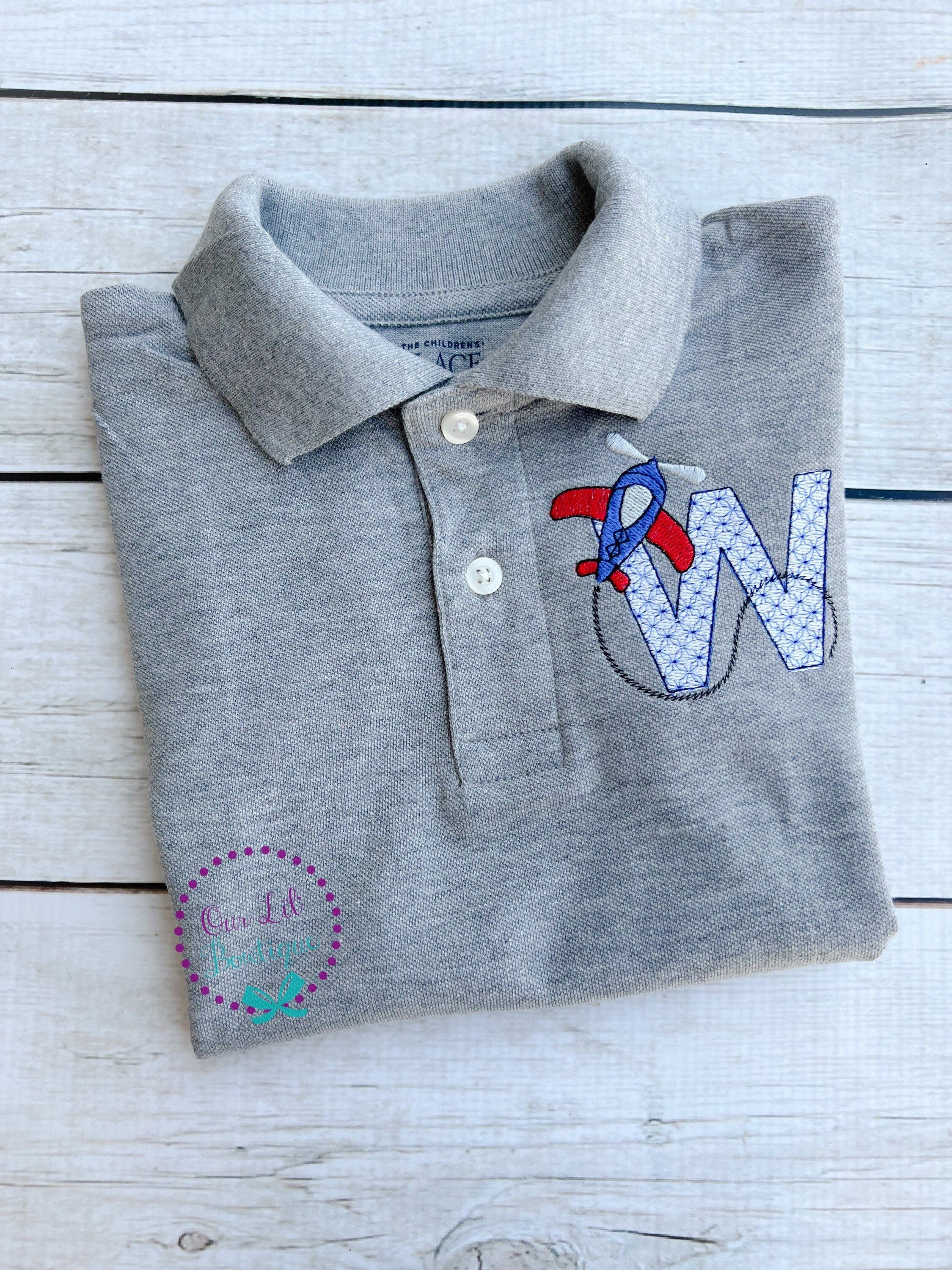 Plane Monogram Polo -Polo - Summer Polo - Monogrammed Polo - Boys Polo Shirt - Airplane Initial Shirt - Airplane Birthday