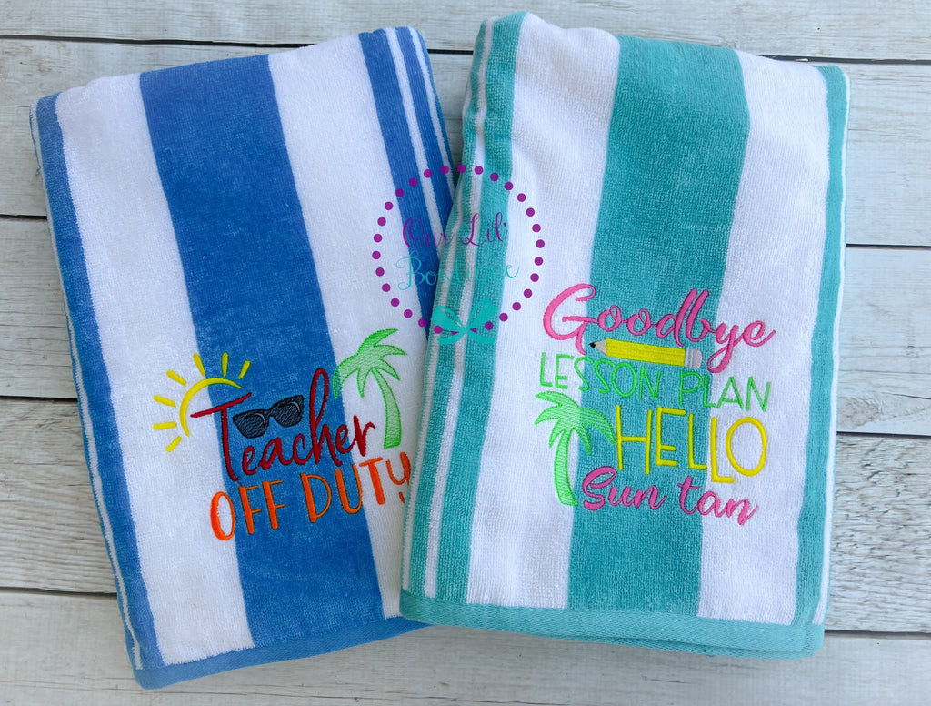 Personalized Teacher Beach Towel: Striped Cotton Terry, Summer Gift