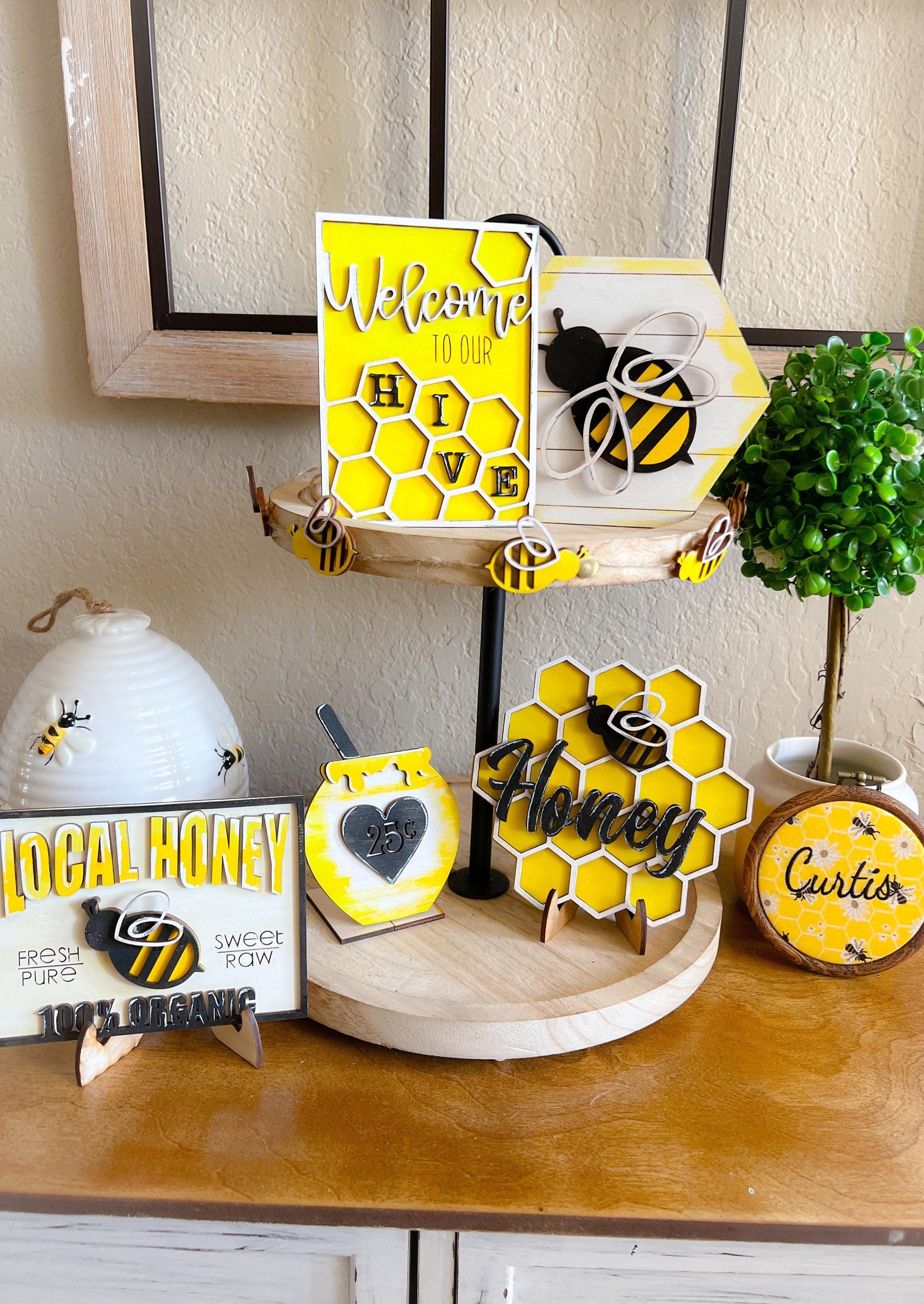 Bee Tiered Tray Set- Bee Decor - Bee Tiered Tray - Honey Bee - Finished Tiered Tray Set - Bee Farmhouse Home Decor - Welcome to our Hive