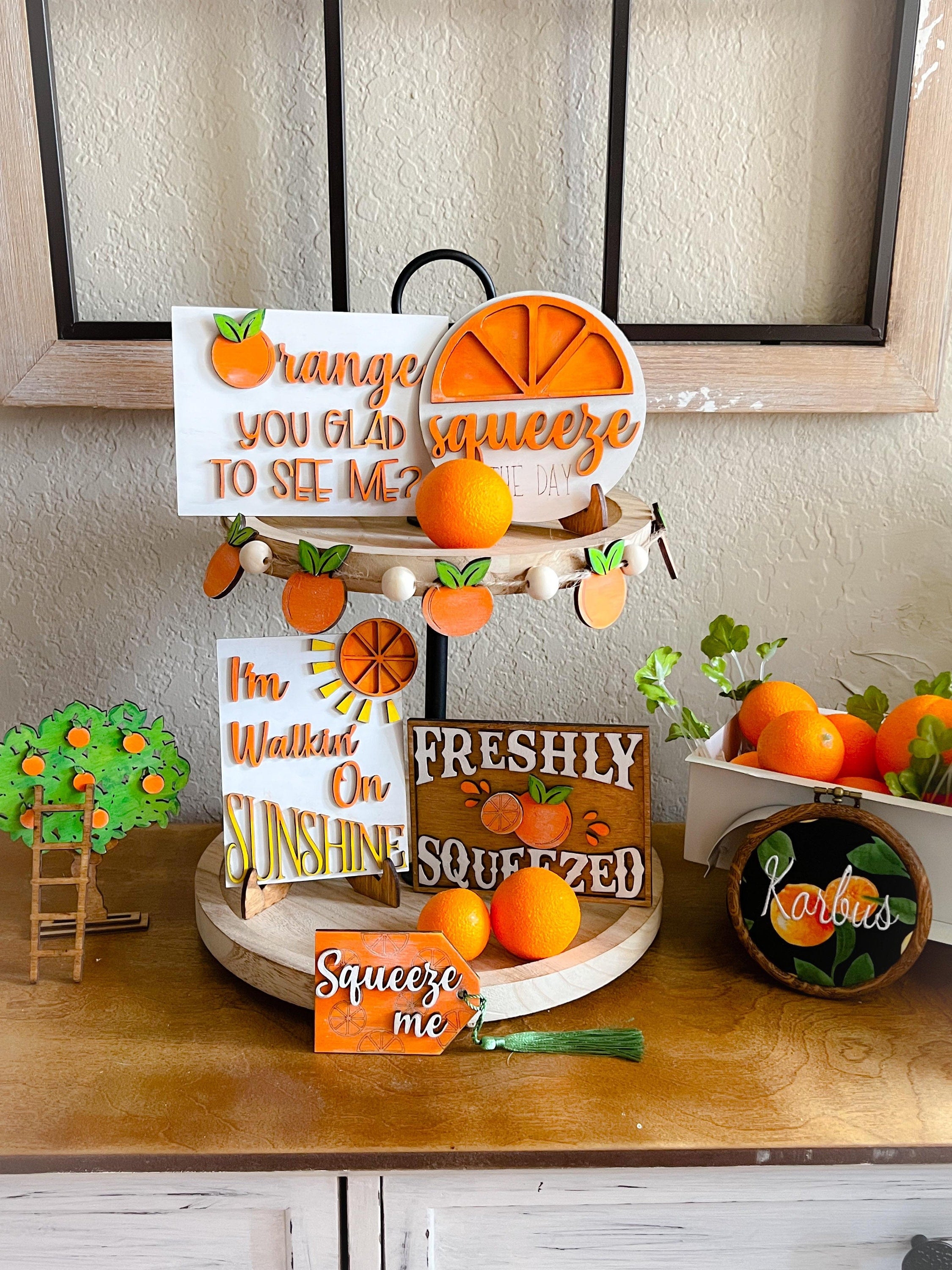 Orange Tiered Tray Decor - Orange Decor - Orange Tiered Tray - Oranges - Finished Tiered Tray Set - Farmhouse Home Decor - Summer