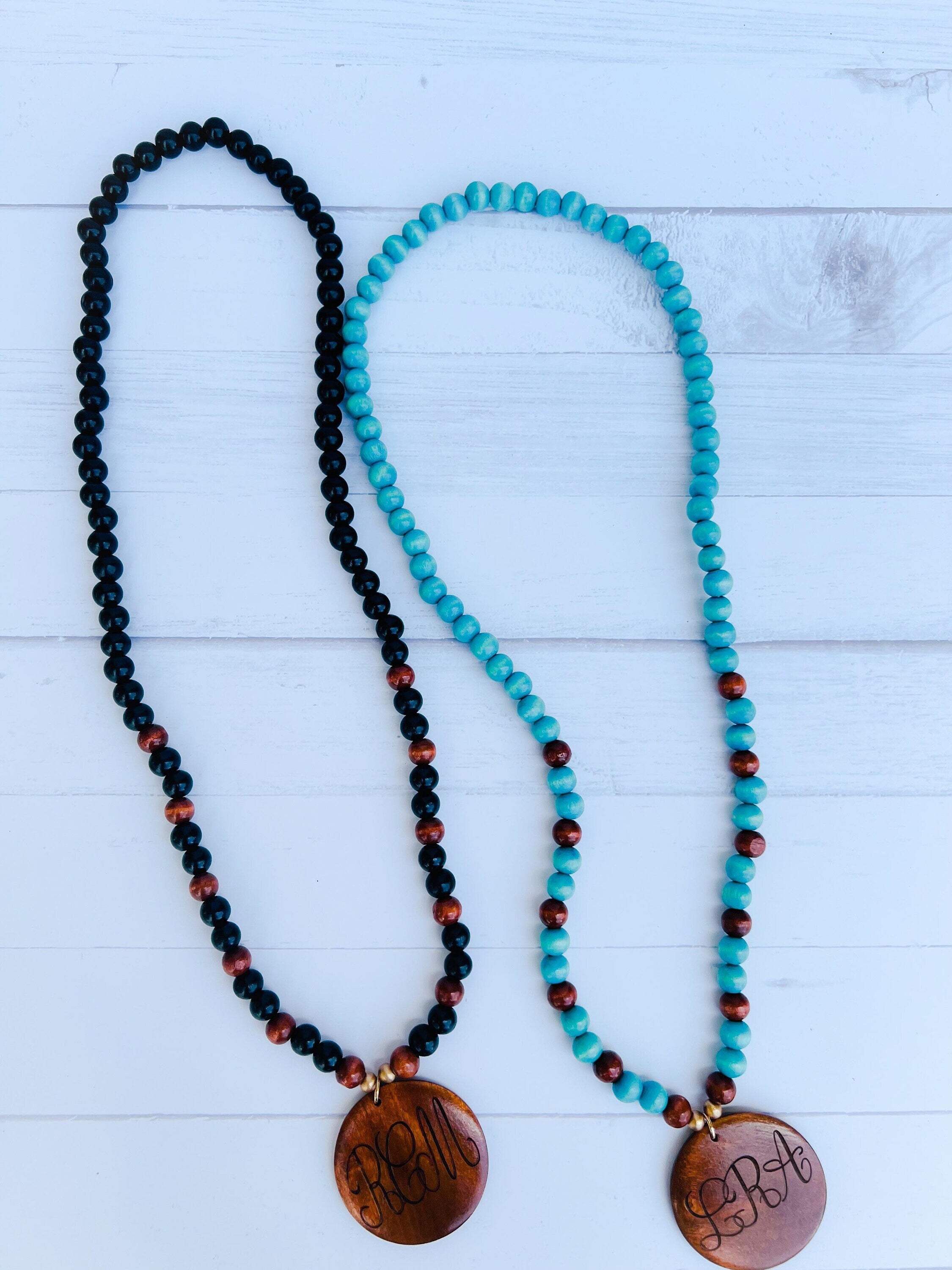 Wood Monogram Necklace - Wood Beaded Necklace - Laser Engraved Monogram Disc- Monogram Necklace - Monogram Gift - Mothers Day