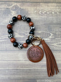 MAMA Wood Bracelet - Wood Monogram Keychain - Wood Beaded Keychain Bracelet - Laser Engraved Monogram Disc- Key Ring Bracelet- Mothers Day