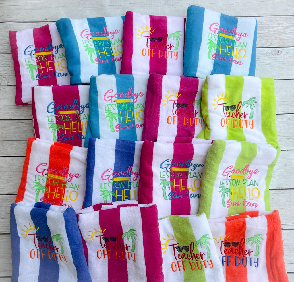 Personalized Teacher Beach Towel: Striped Cotton Terry, Summer Gift