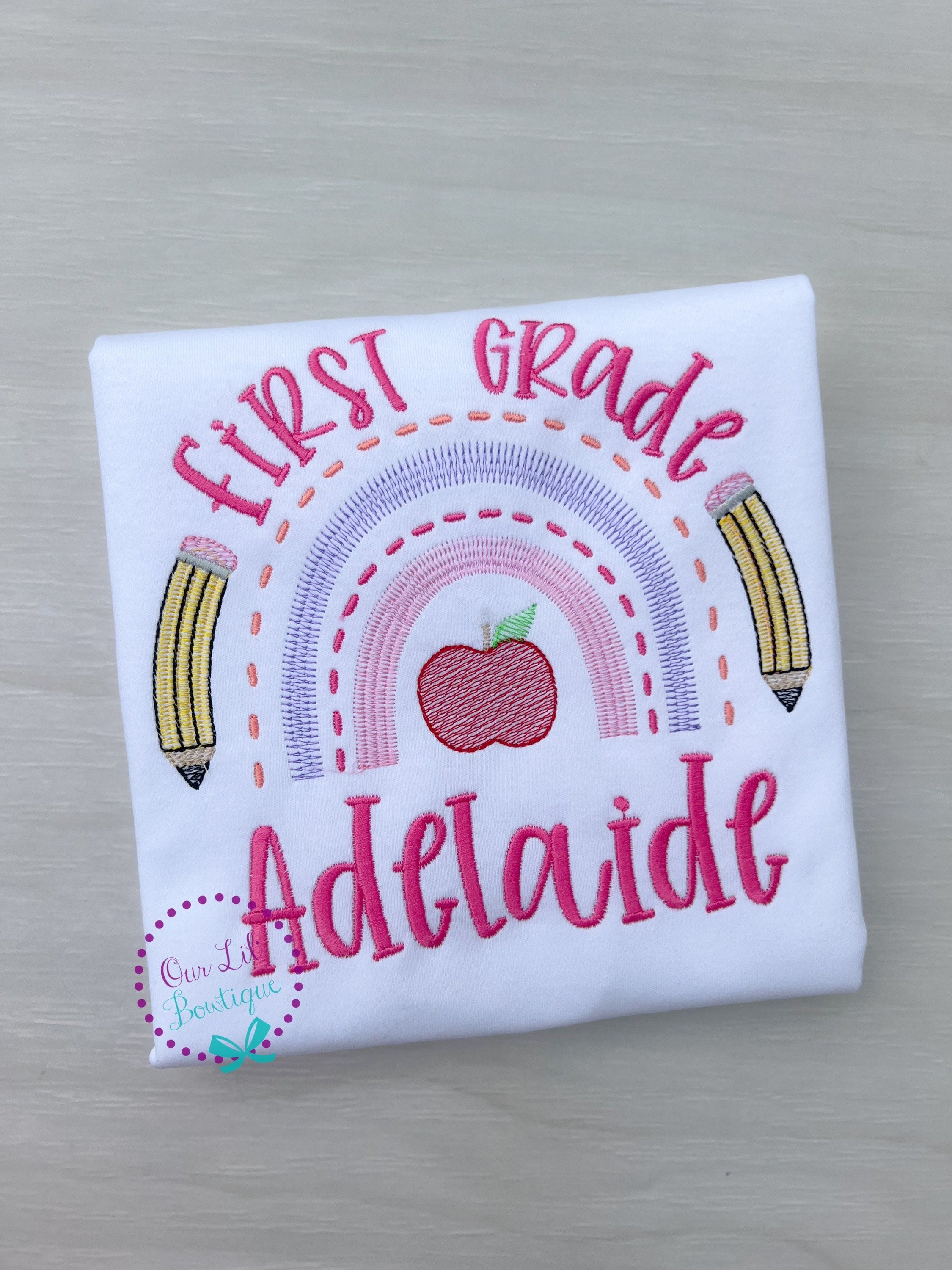 Rainbow School Shirt: Embroidered Apple & Pencils, Back to School