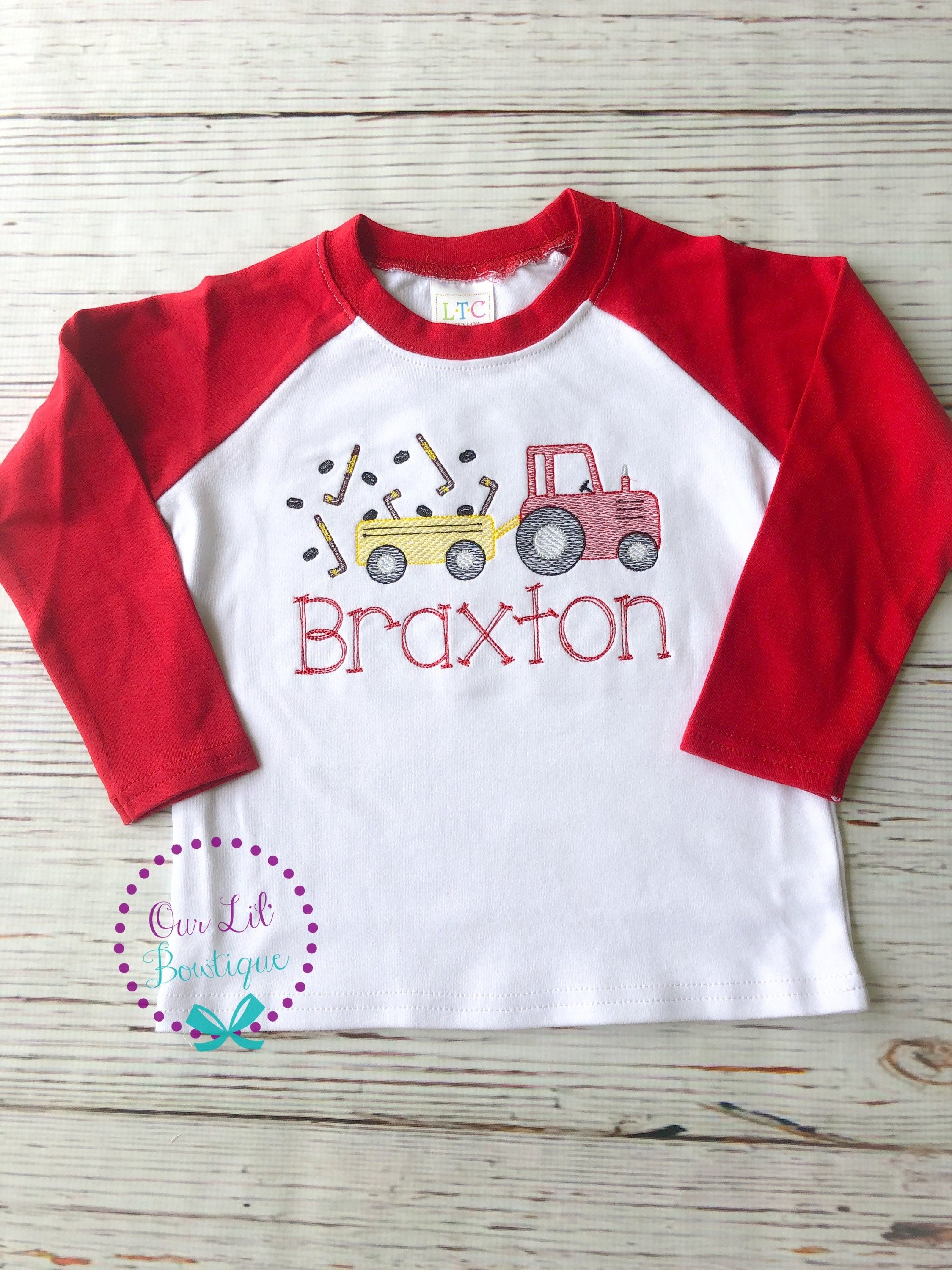 Embroidered Hockey Tractor Raglan Shirt - Personalized Boys Sports Tee