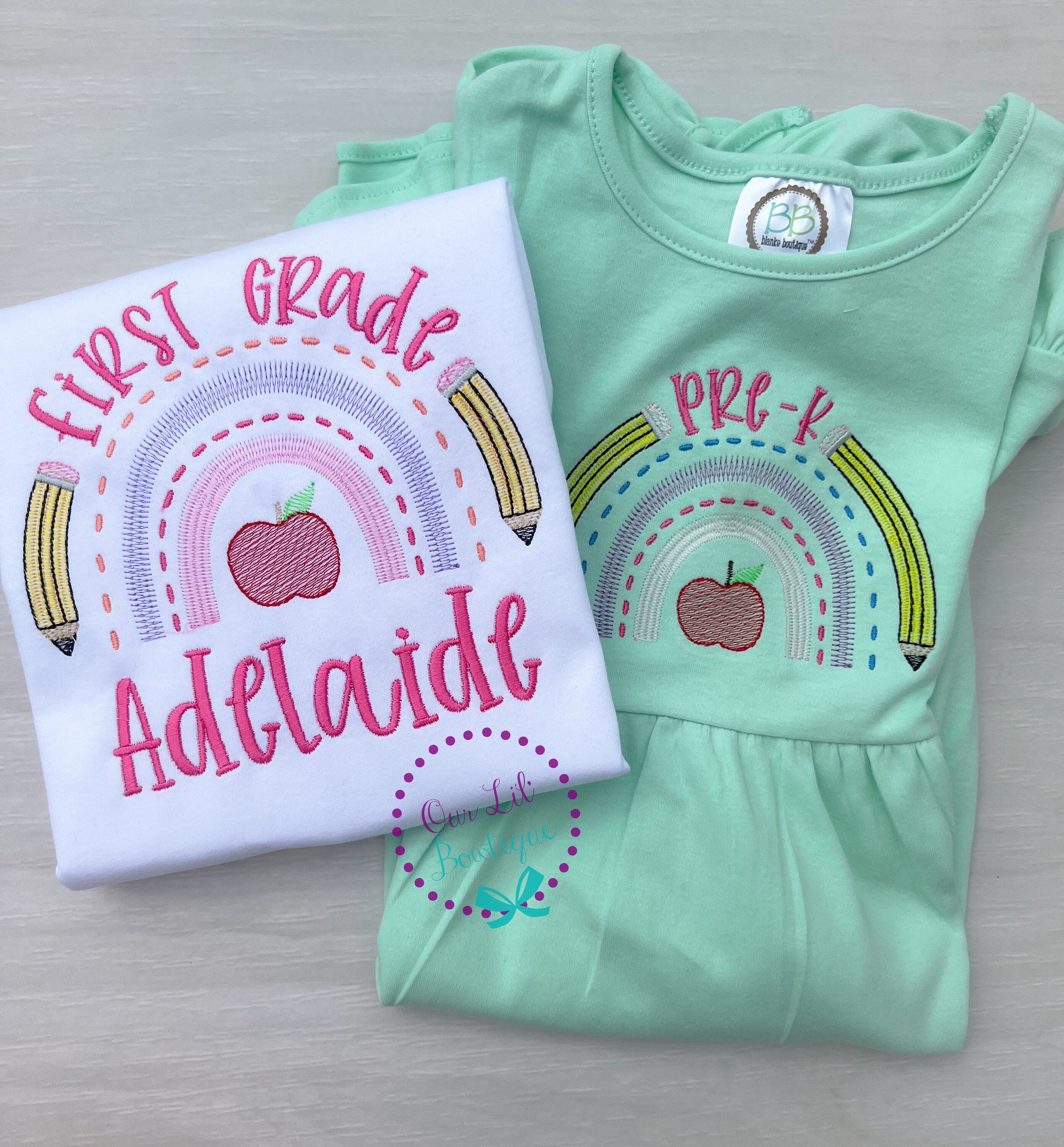 Rainbow School Shirt: Embroidered Apple & Pencils, Back to School
