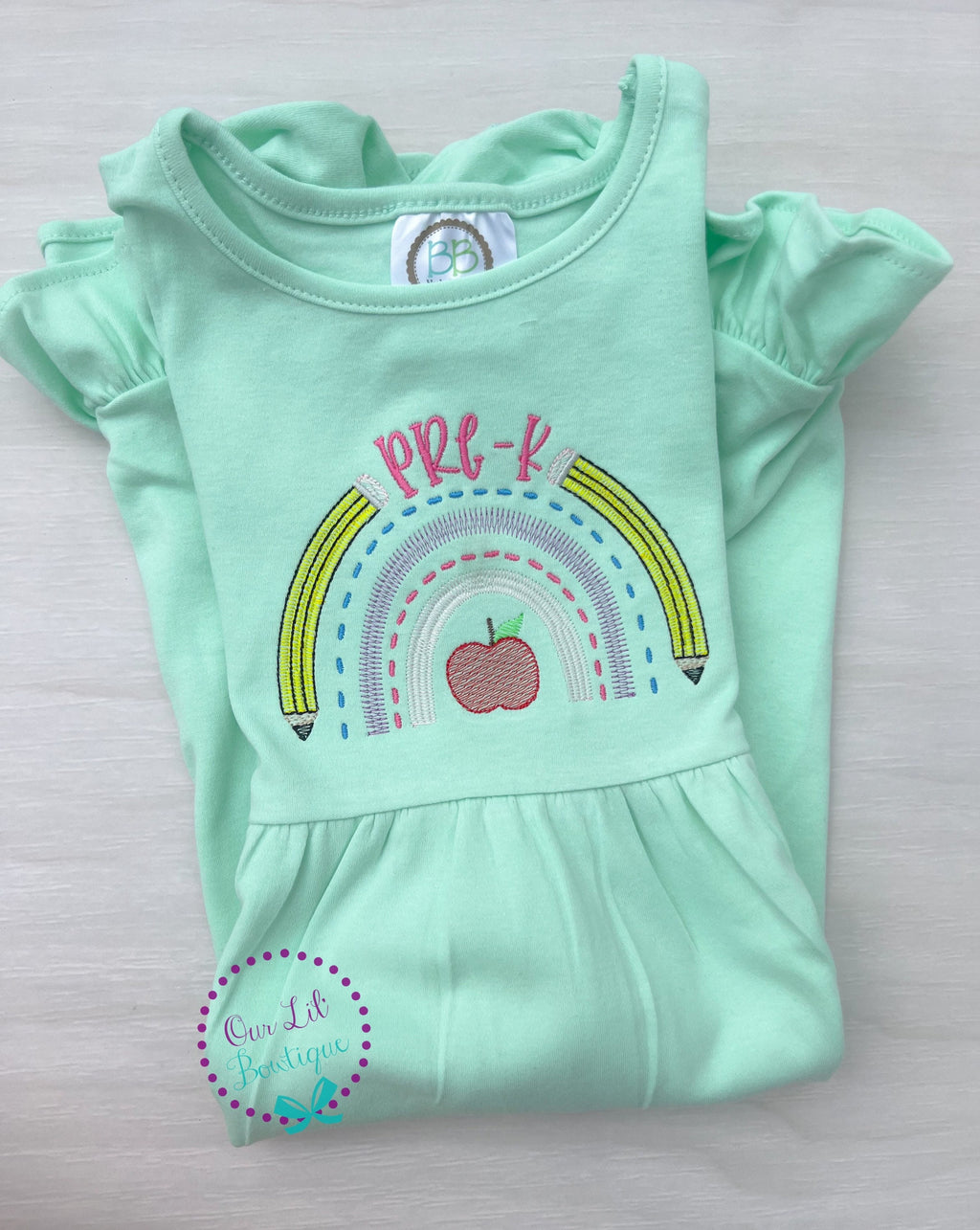 Rainbow School Shirt: Embroidered Apple & Pencils, Back to School